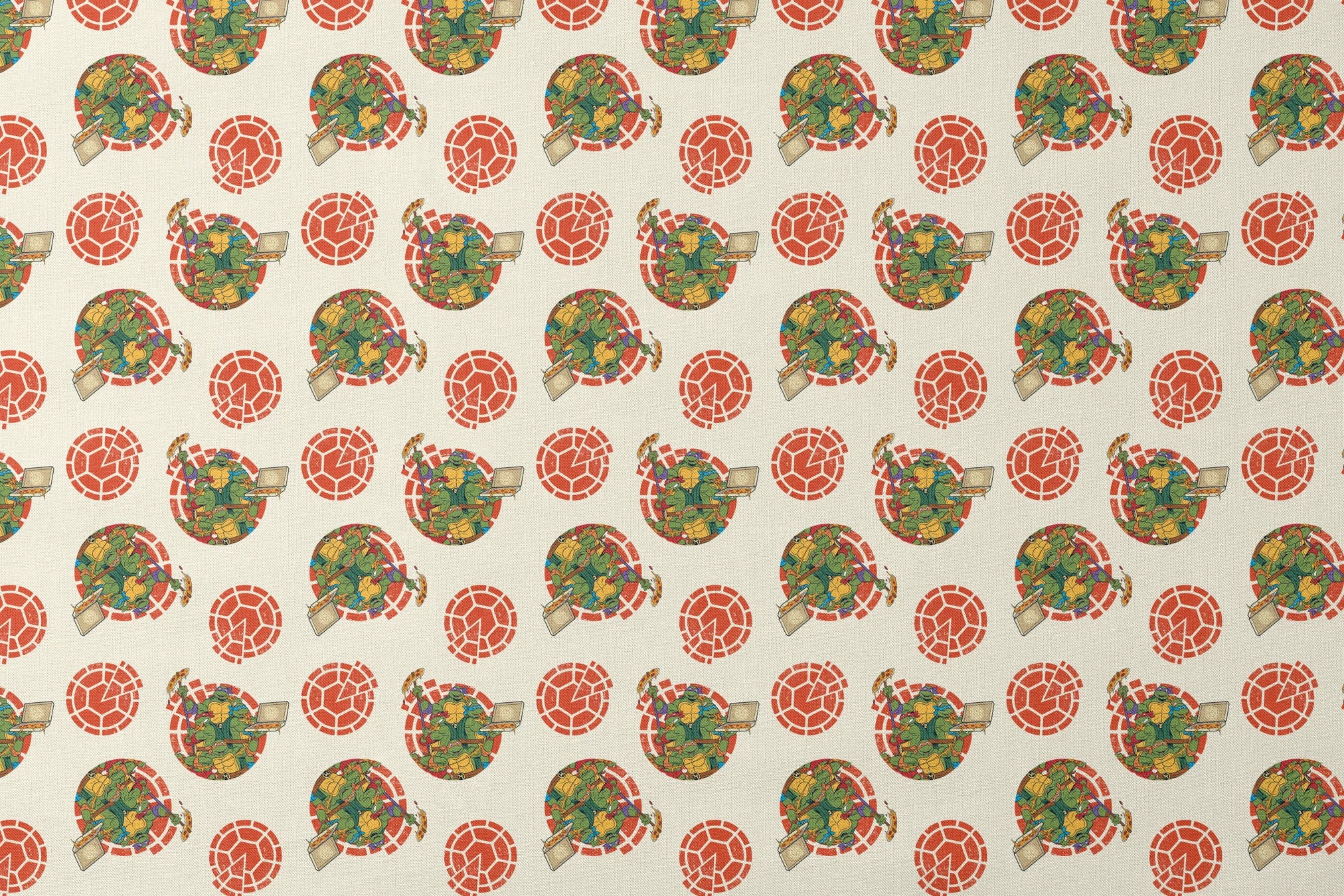 TMNT characters in circular formations on cream background with red shell pattern designs flat mockup
