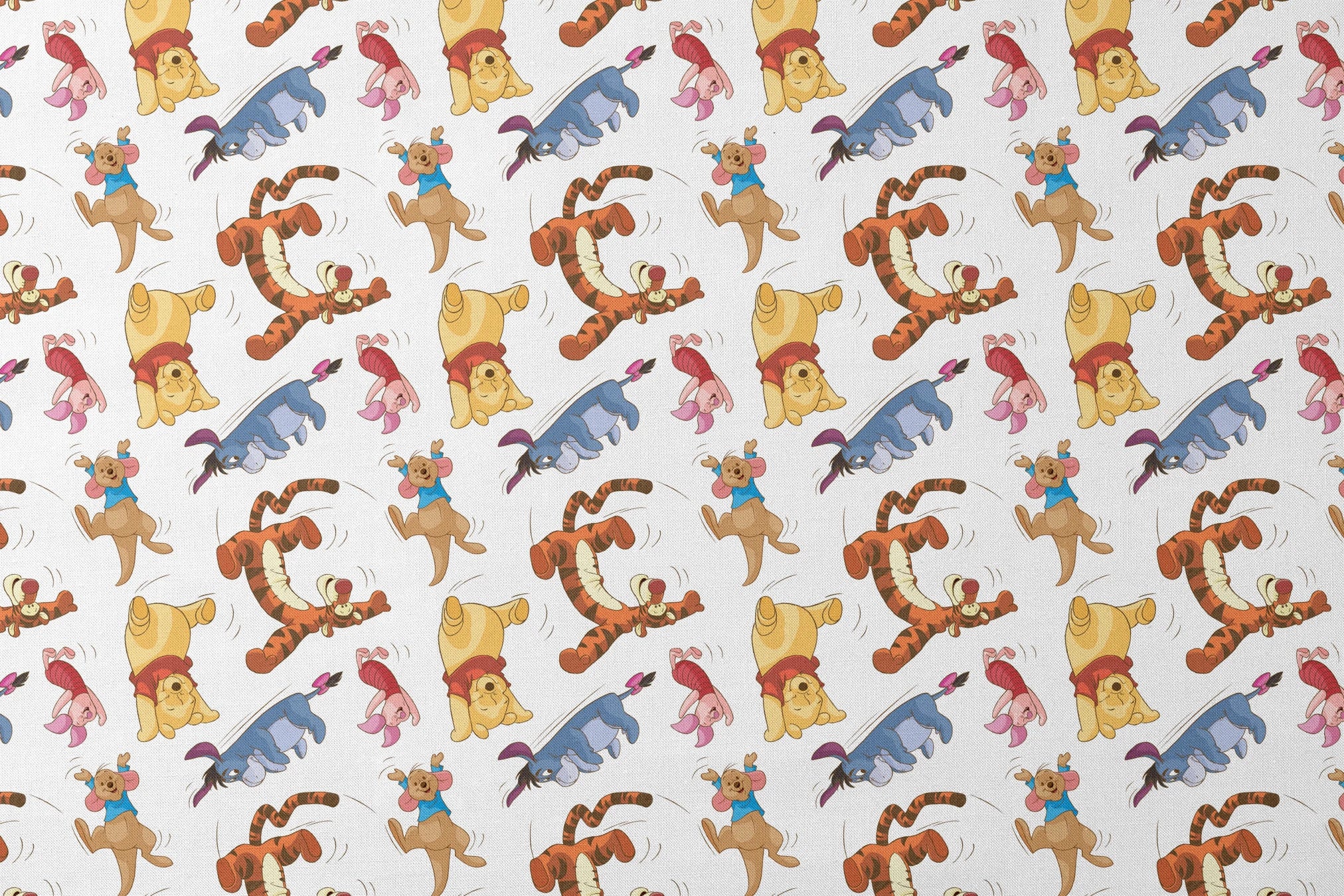 Colorful pattern featuring Winnie the Pooh characters jumping and bouncing on white background designs flat mockup