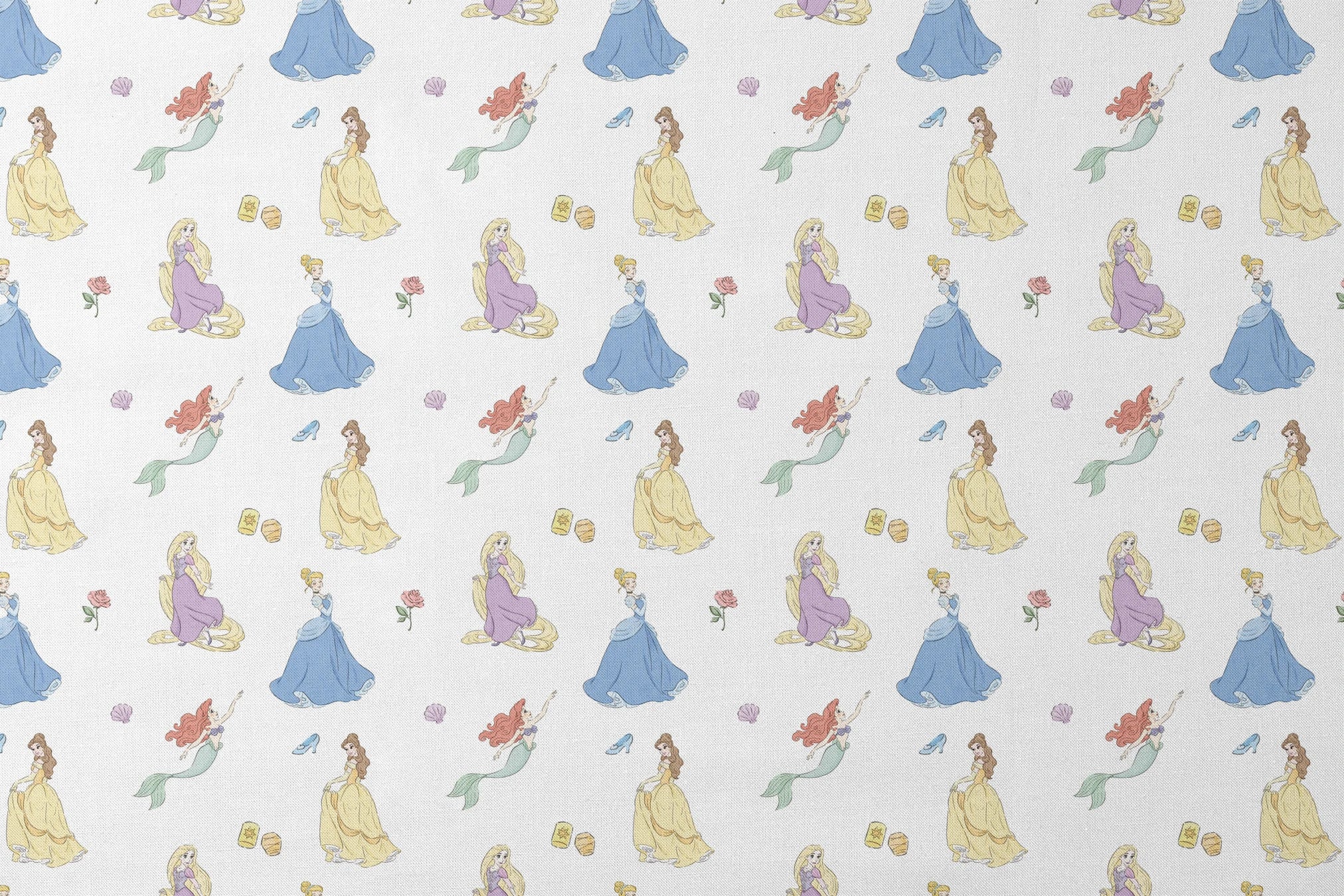 Disney princesses pattern with yellow gown, mermaid with tail, purple dress, roses and shells on light blue background. designs flat mockup