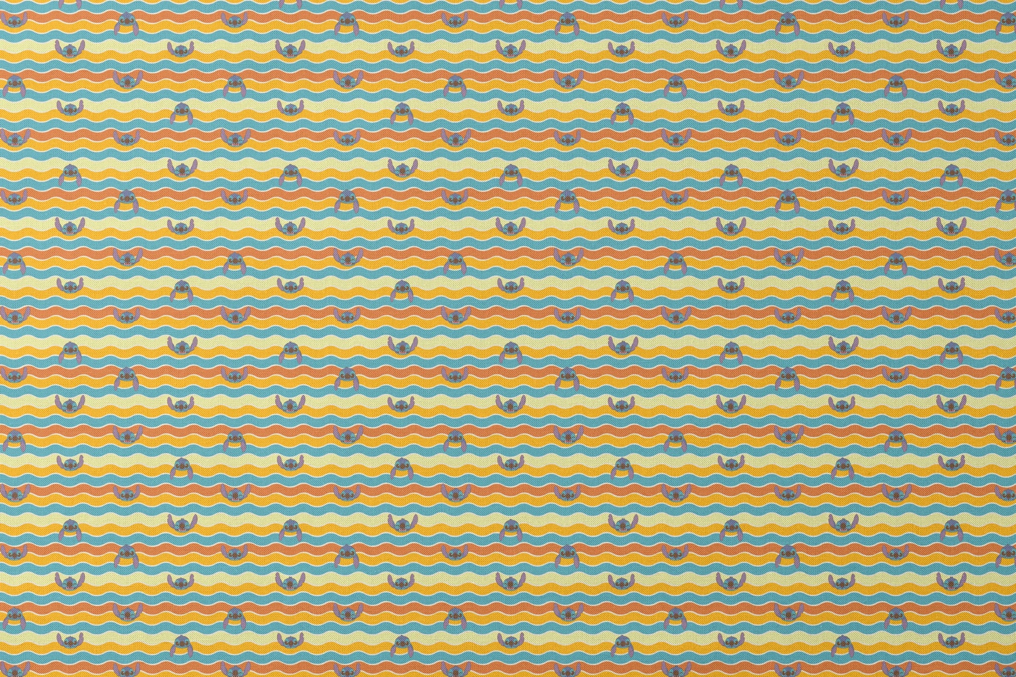 Colorful wavy striped pattern with Stitch peeking between orange, yellow, and teal waves designs flat mockup