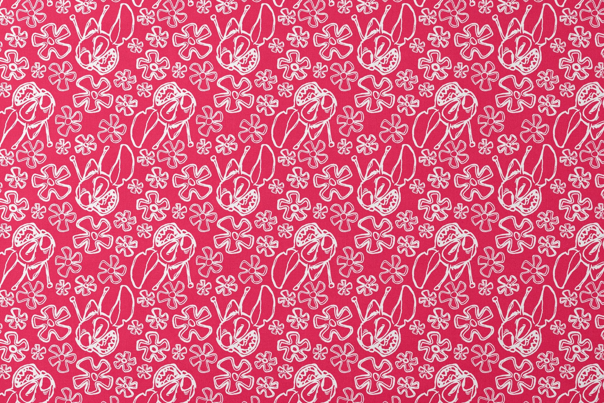 White flower doodles and Disney's Stitch on bright red background, hand-drawn style pattern designs flat mockup