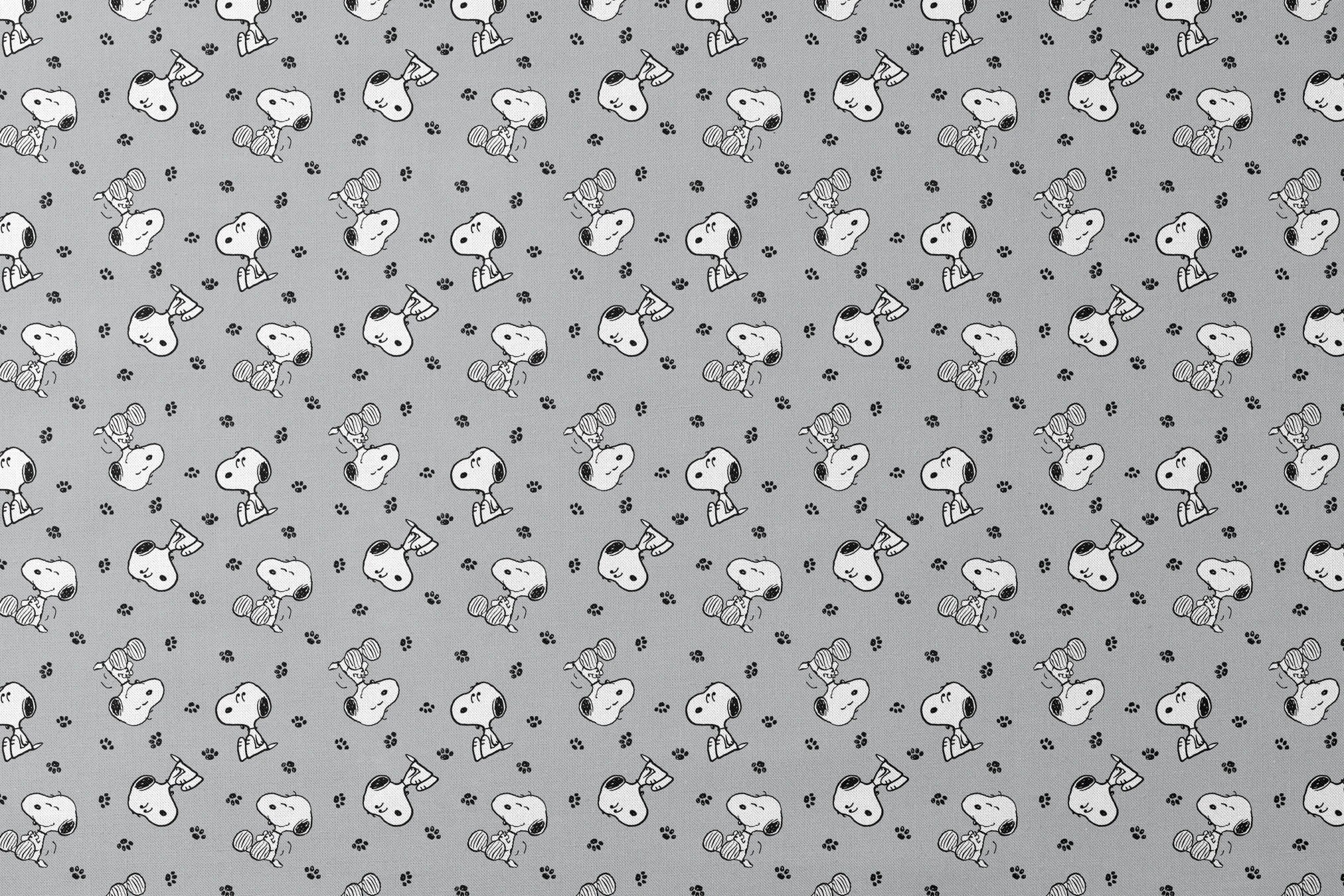 Snoopy with black ears on gray background with paw prints, in various poses designs flat mockup