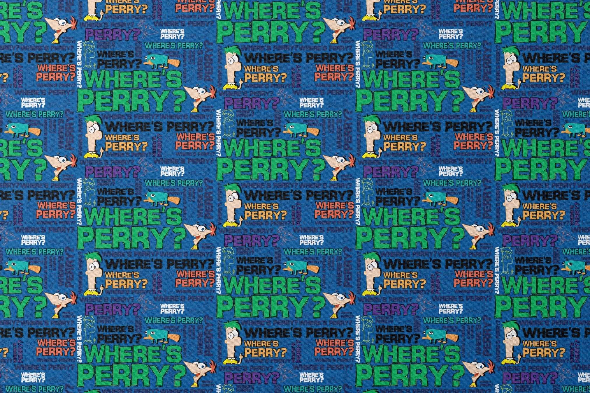 Phineas & Ferb pattern with "WHERE'S PERRY?" text repeated in various colors on blue background designs flat mockup