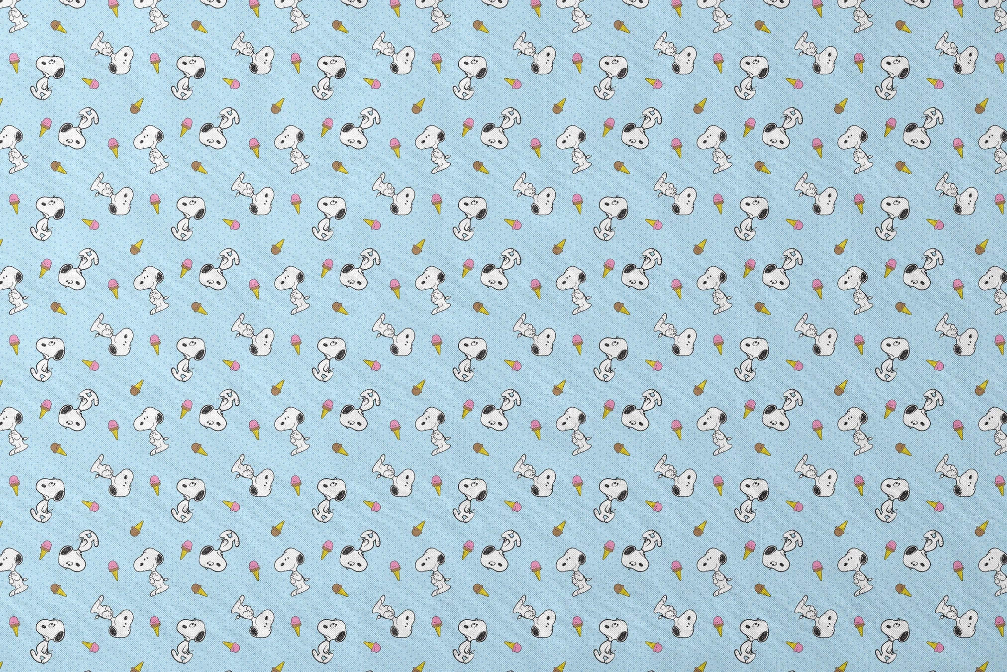 Snoopy pattern on light blue background with ice cream cones and small white dots designs flat mockup