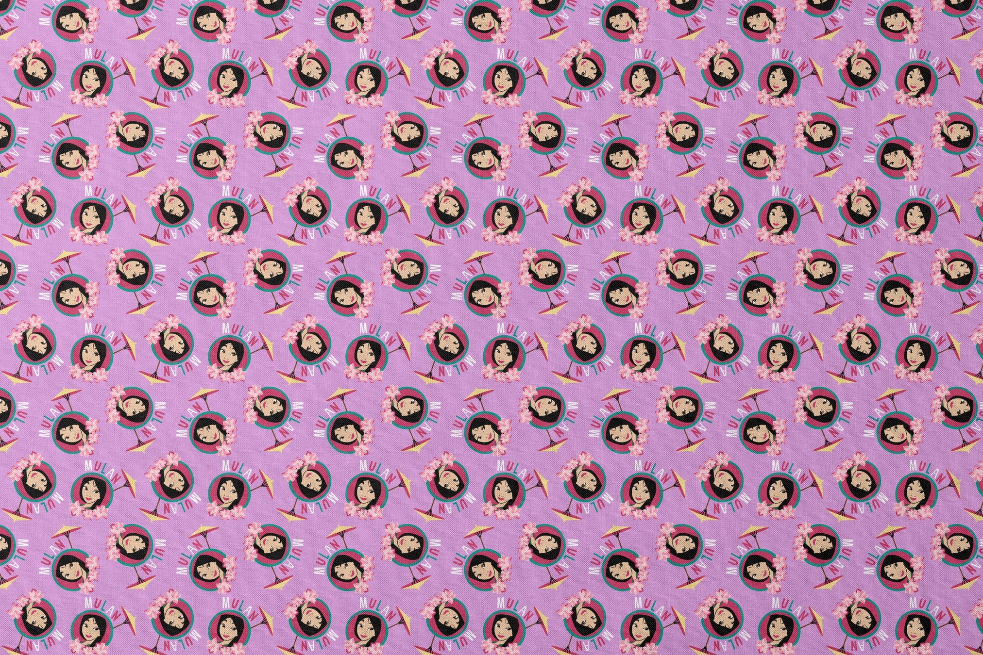 Animated character portrait pattern on purple background with pink flowers and yellow parasols designs flat mockup