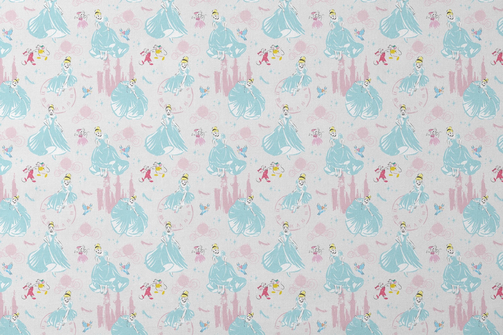 Dreamy Cinderella pattern with blue gowns, castle silhouettes, glass slippers, and blue birds on pale background designs flat mockup