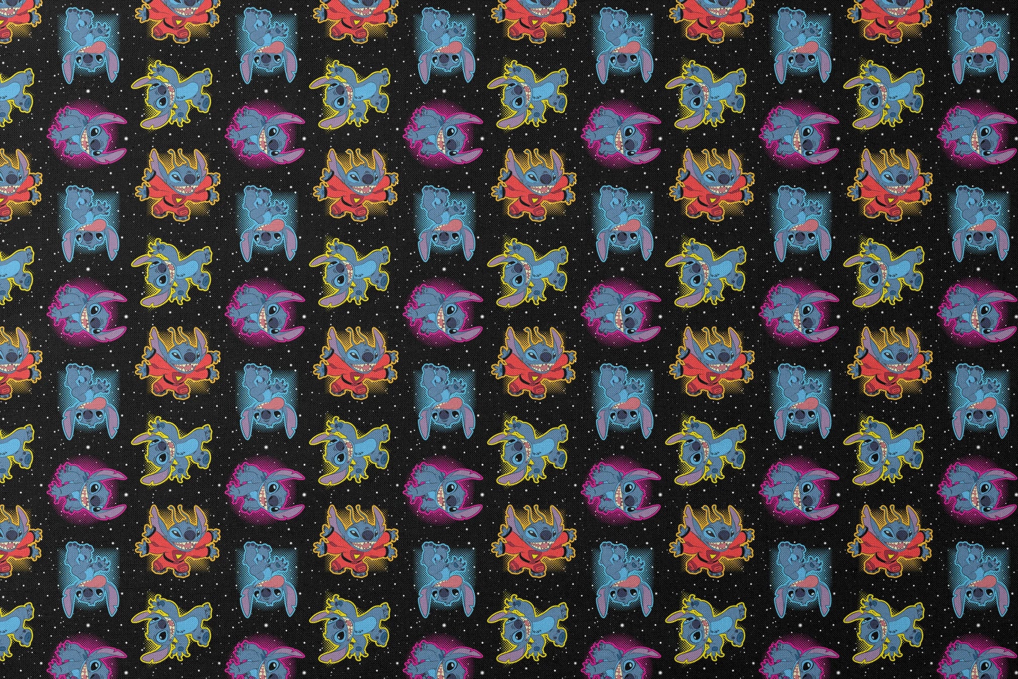 Colorful Stitch with pink accents on black starry background pattern designs flat mockup
