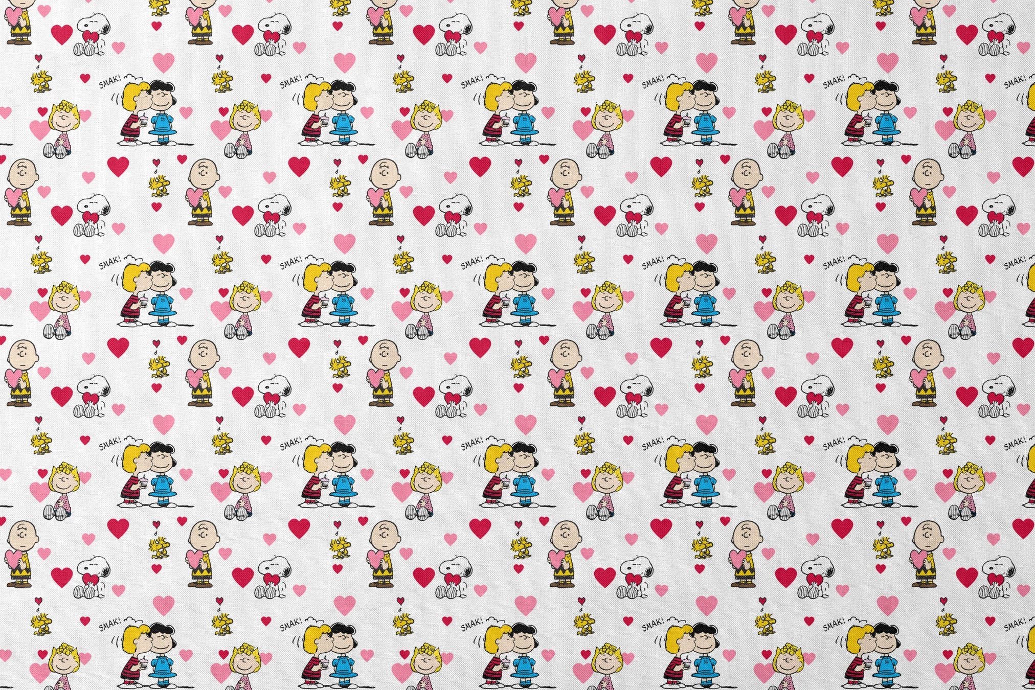 Peanuts cartoon characters with heart motifs, featuring Snoopy, Woodstock, and others in a Valentine's theme designs flat mockup