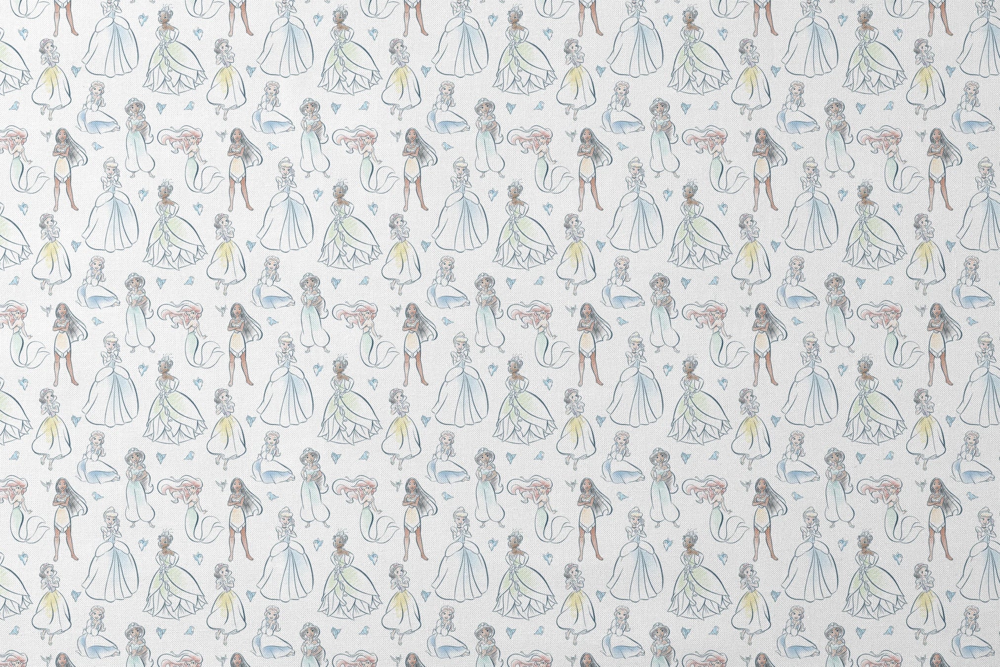 Illustrated pattern of Disney princesses in elegant dresses with sparkles on light background designs flat mockup