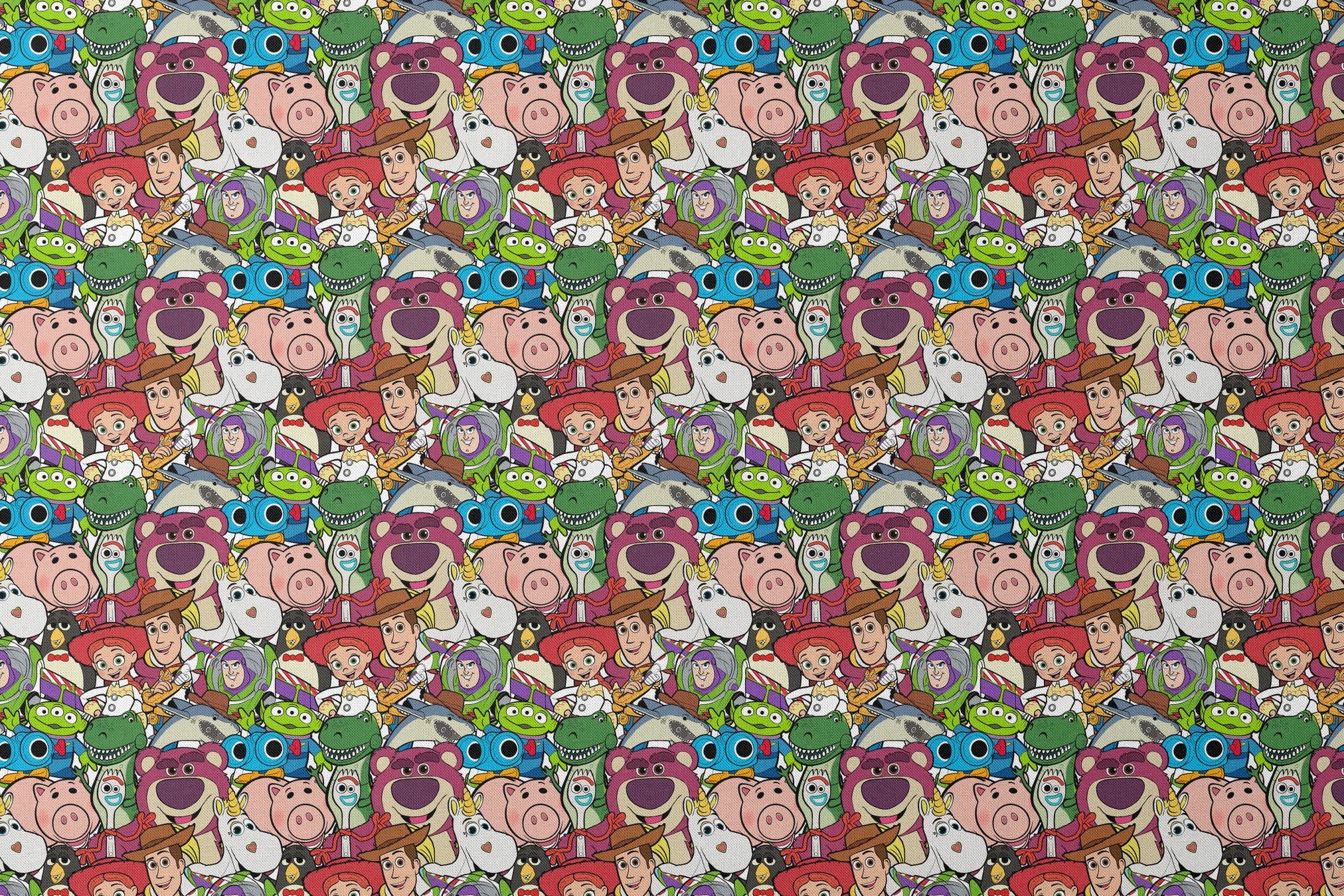 Colorful collage of Pixar and Disney animated characters including Toy Story, Monsters Inc, and other iconic cartoon figures designs flat mockup