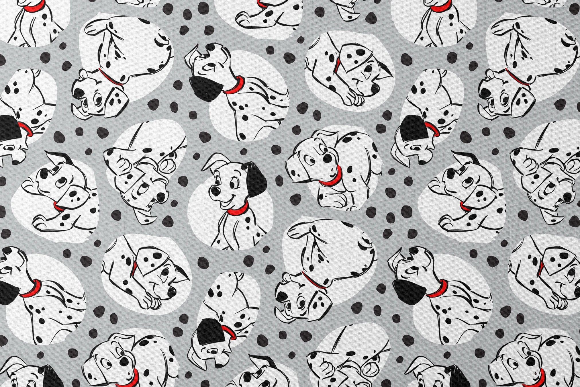 Cartoon Dalmatian dogs with red collars on gray background with black spots pattern designs flat mockup