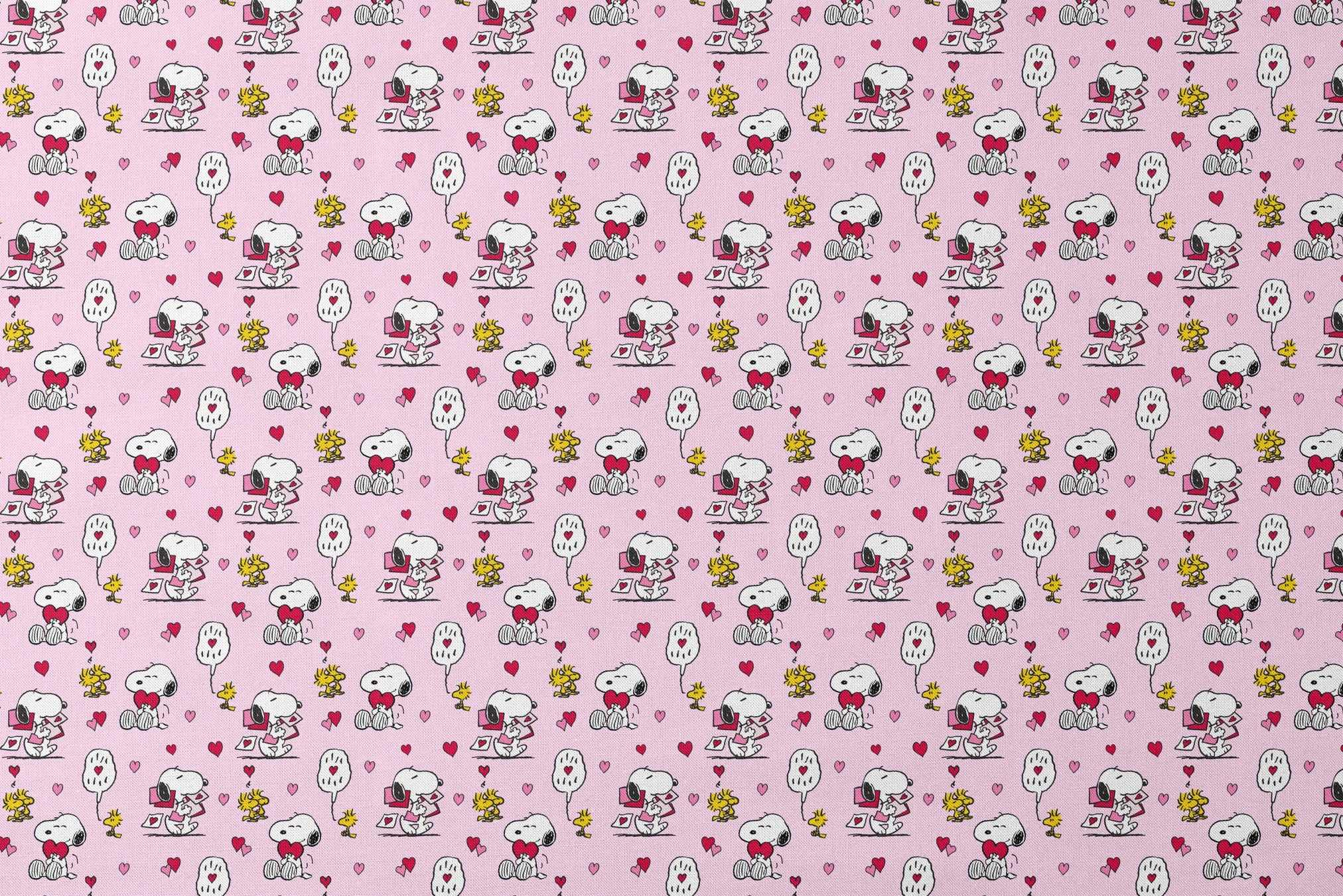 Valentine's pattern with Snoopy, Woodstock, and hearts on pink background, featuring love letters and speech bubbles. designs flat mockup
