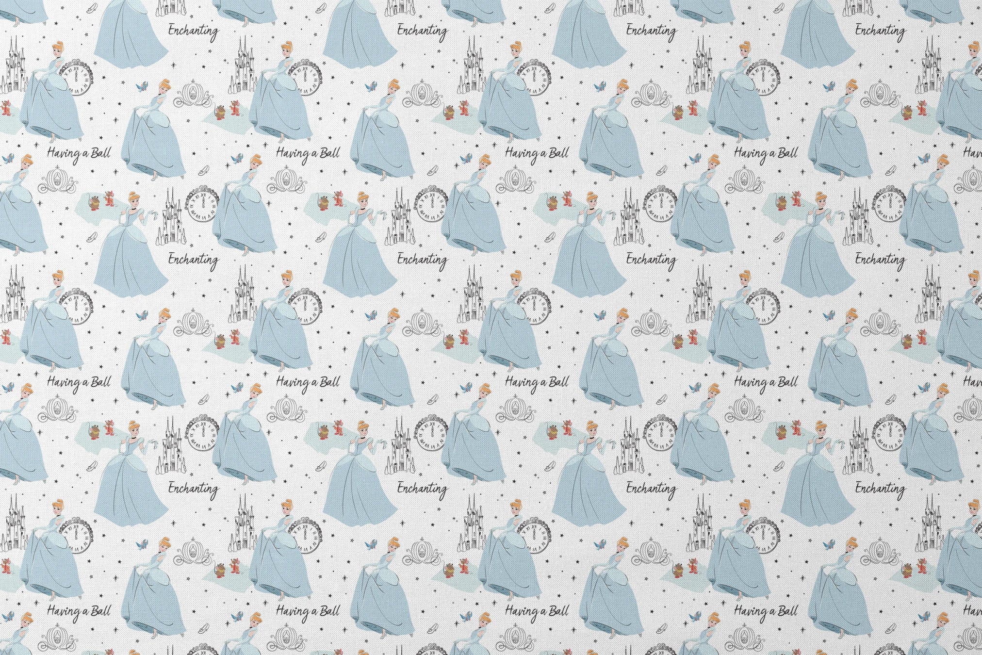 Whimsical pattern featuring cartoon princess in blue gown, clocks, castles, carriages and "Enchanting" text on white background designs flat mockup