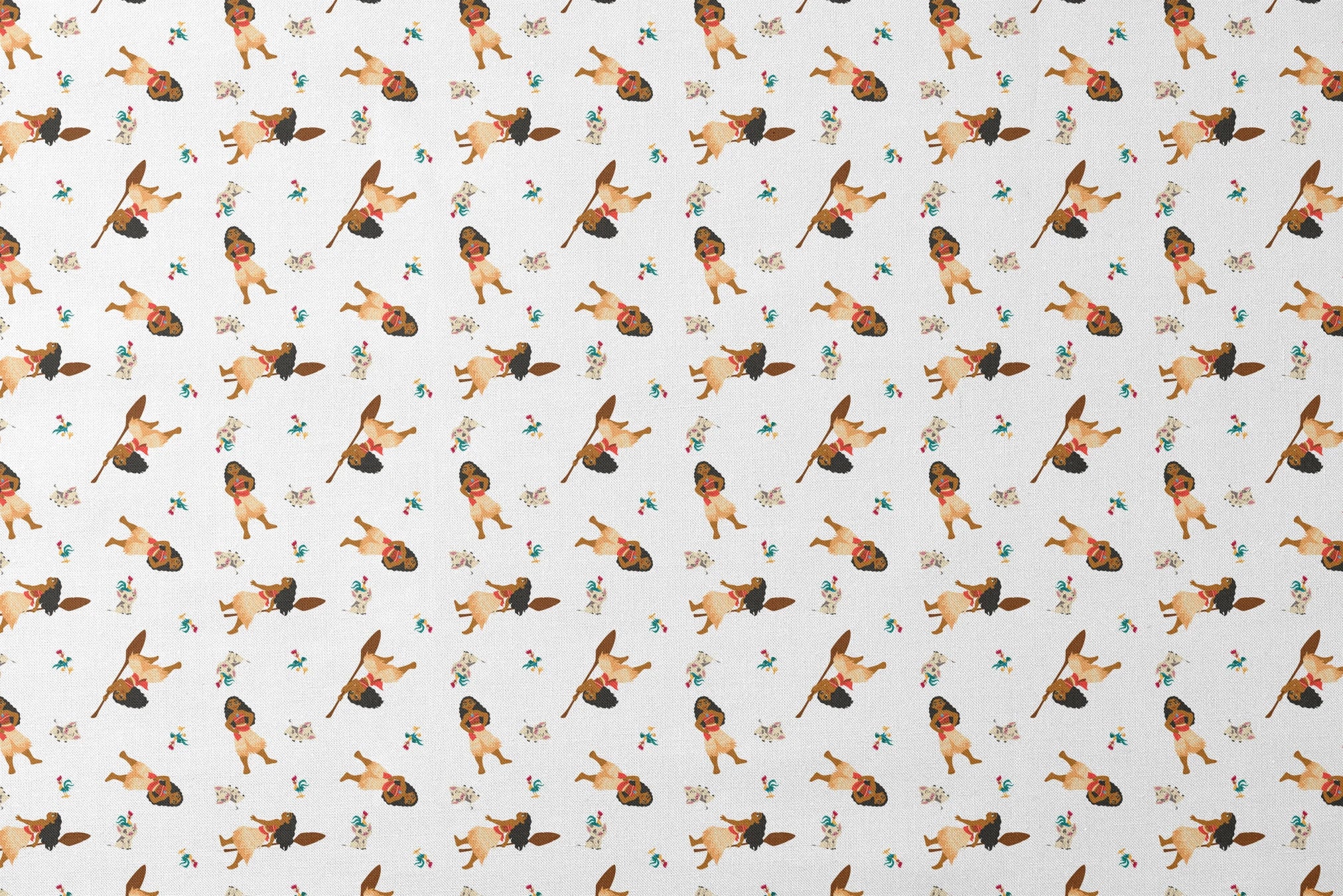 Moana pattern on white background with colorful cartoon animals in repeating design designs flat mockup