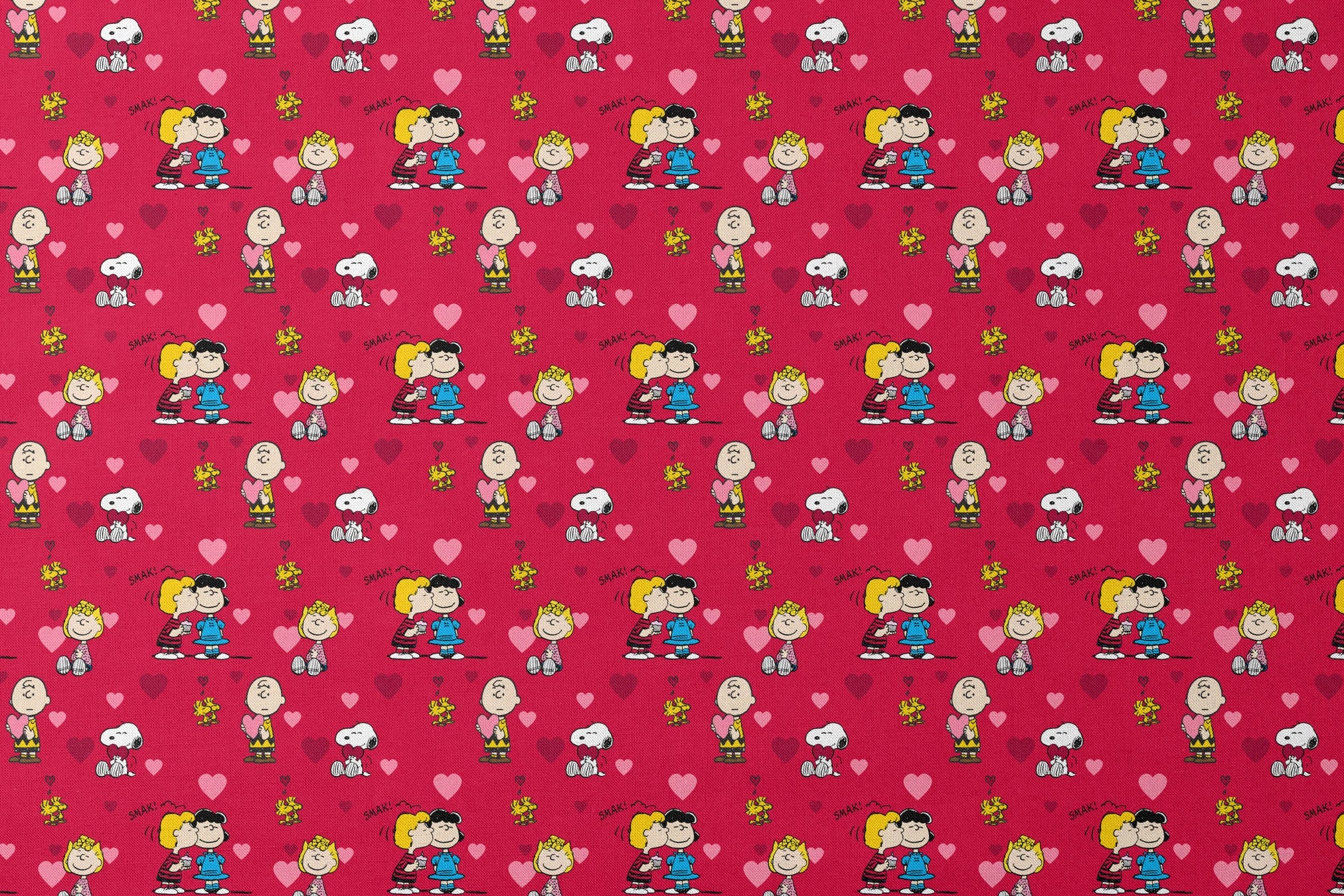 Peanuts characters on red background with hearts; Snoopy, Woodstock, and others in Valentine's theme designs flat mockup