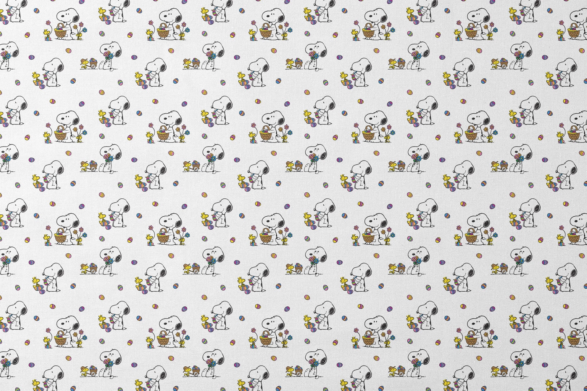 Cartoon pattern with Snoopy and Woodstock celebrating Easter with colorful eggs and baskets on white background designs flat mockup