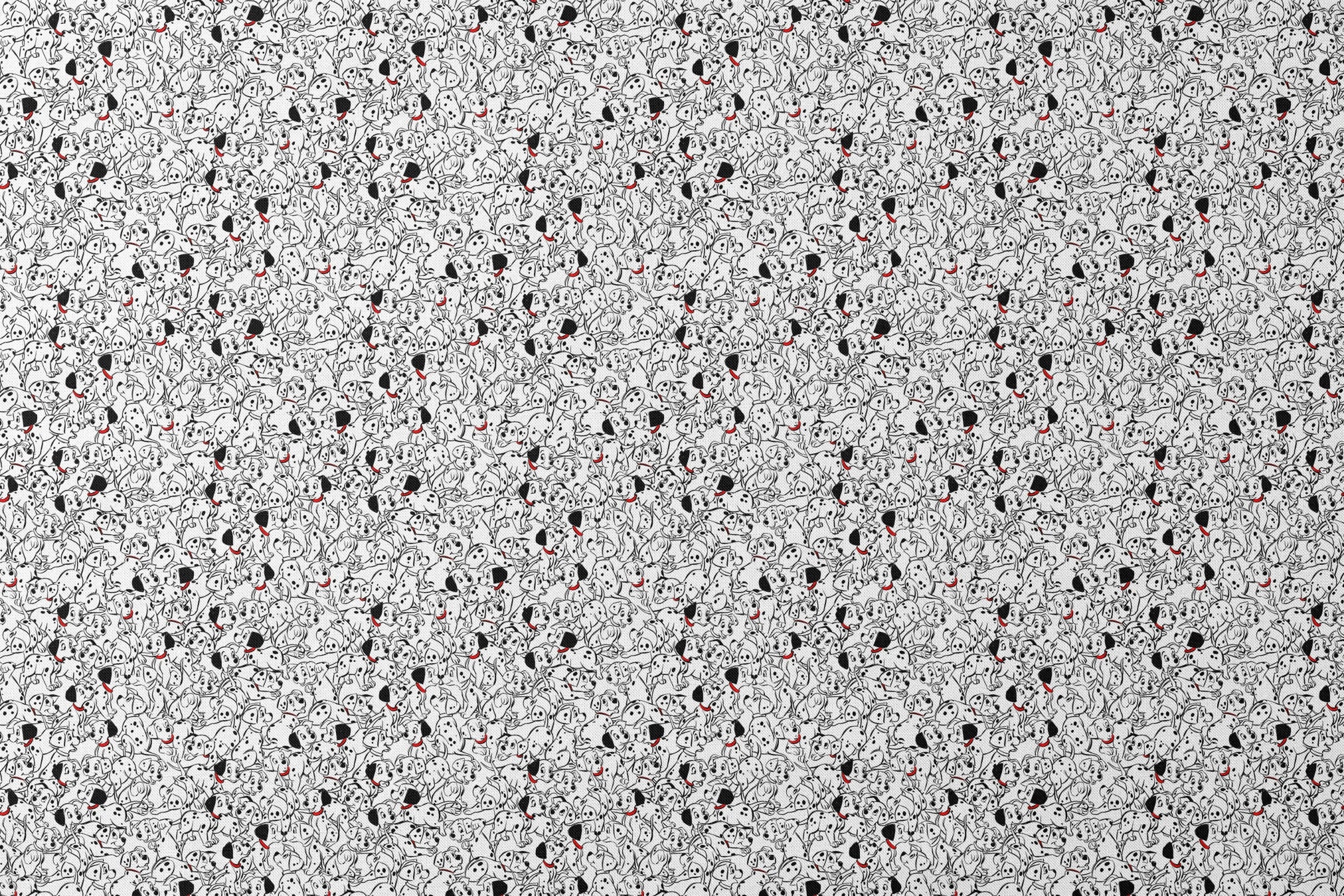 A densely packed pattern of Dalmatian puppies with black spots and red collars, creating a whimsical black and white illustration. designs flat mockup