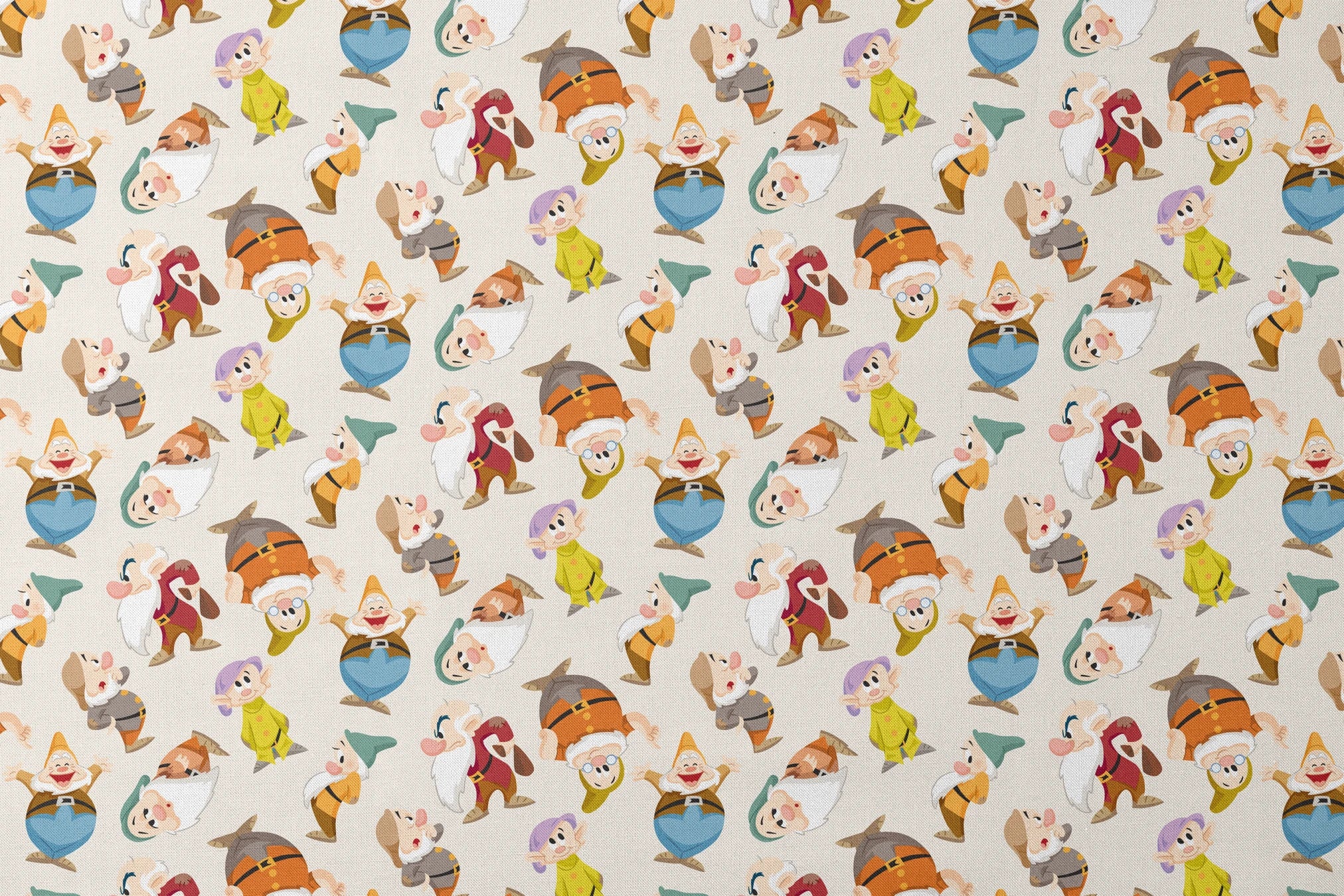 Colorful pattern of small cartoon dwarfs in different colored outfits and hats scattered on cream background designs flat mockup