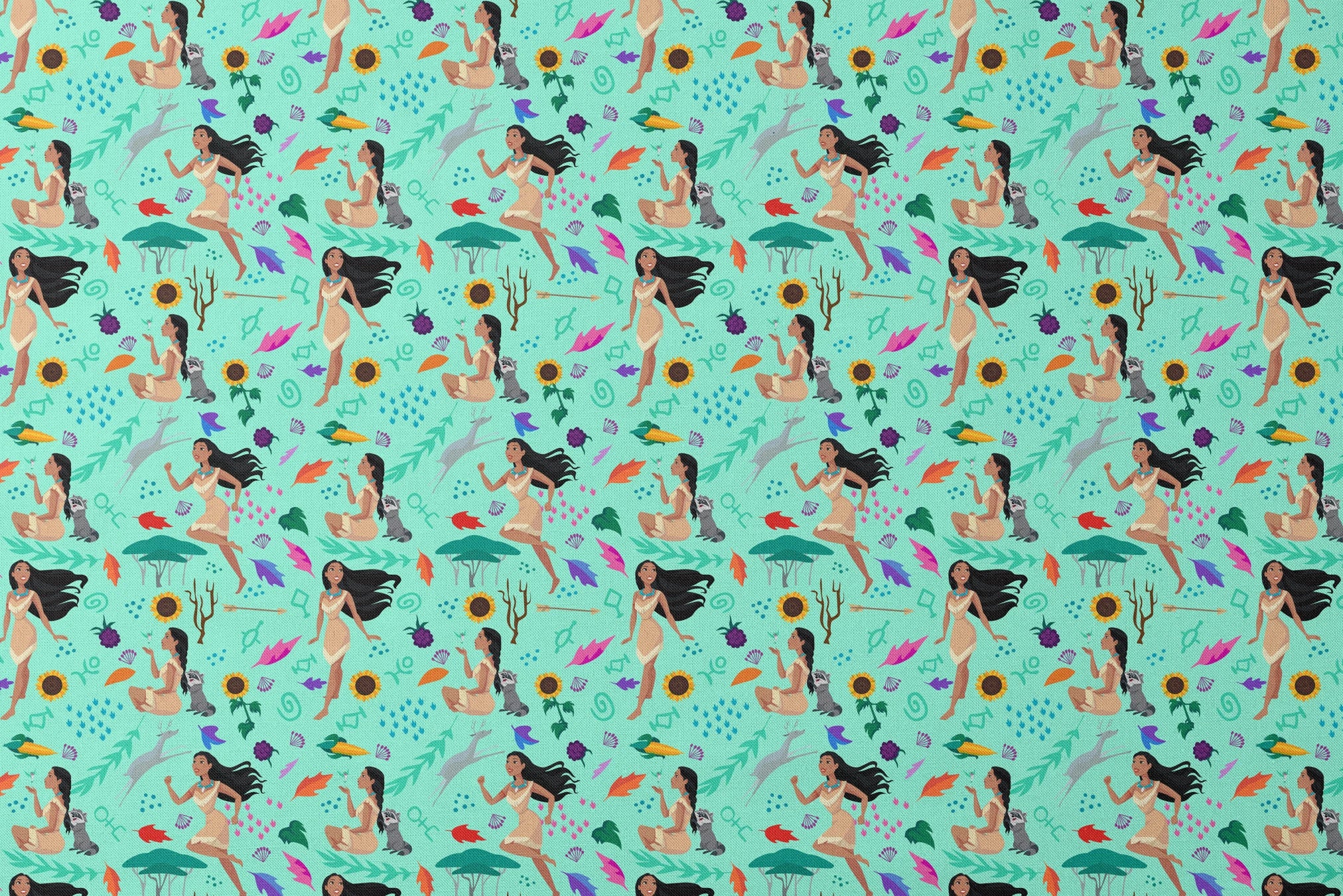 Colorful pattern with figures in nature motifs featuring sunflowers, leaves, and flowing design elements on turquoise background designs flat mockup