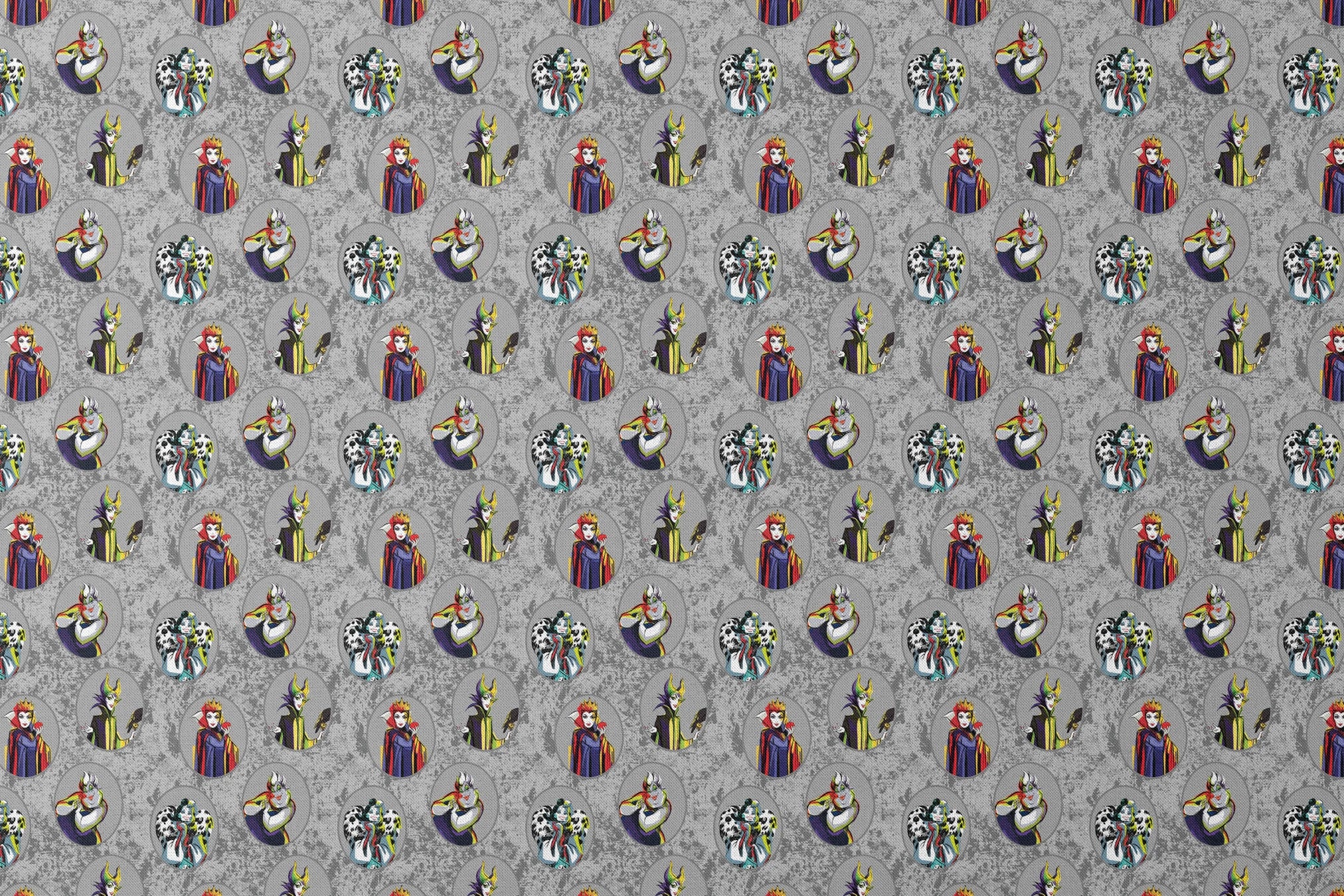 Disney villain characters in oval portraits on gray marbled background, including Ursula, Maleficent, Cruella, and Evil Queen designs flat mockup