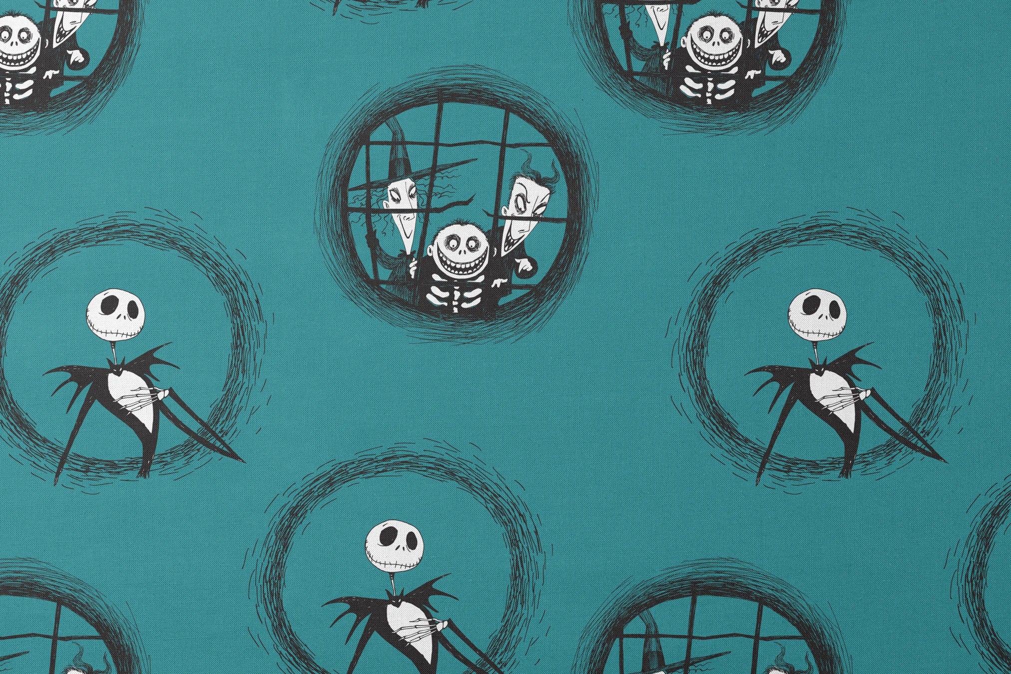 Teal patterned design with The Nightmare Before Christmas characters in circular frames, featuring round-headed characters in formal attire. designs flat mockup