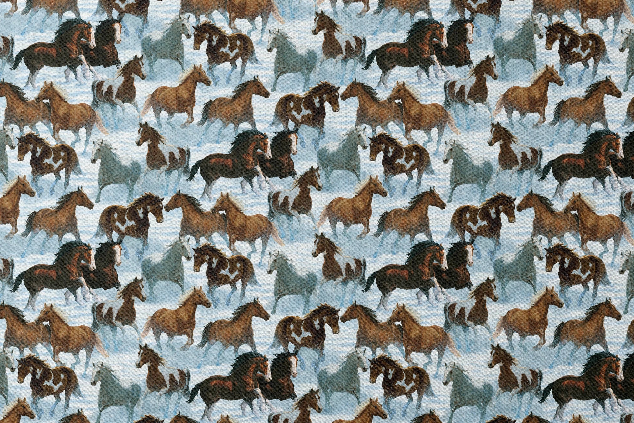 Wild horses running through snowy landscape in various brown, black and gray colors designs flat mockup
