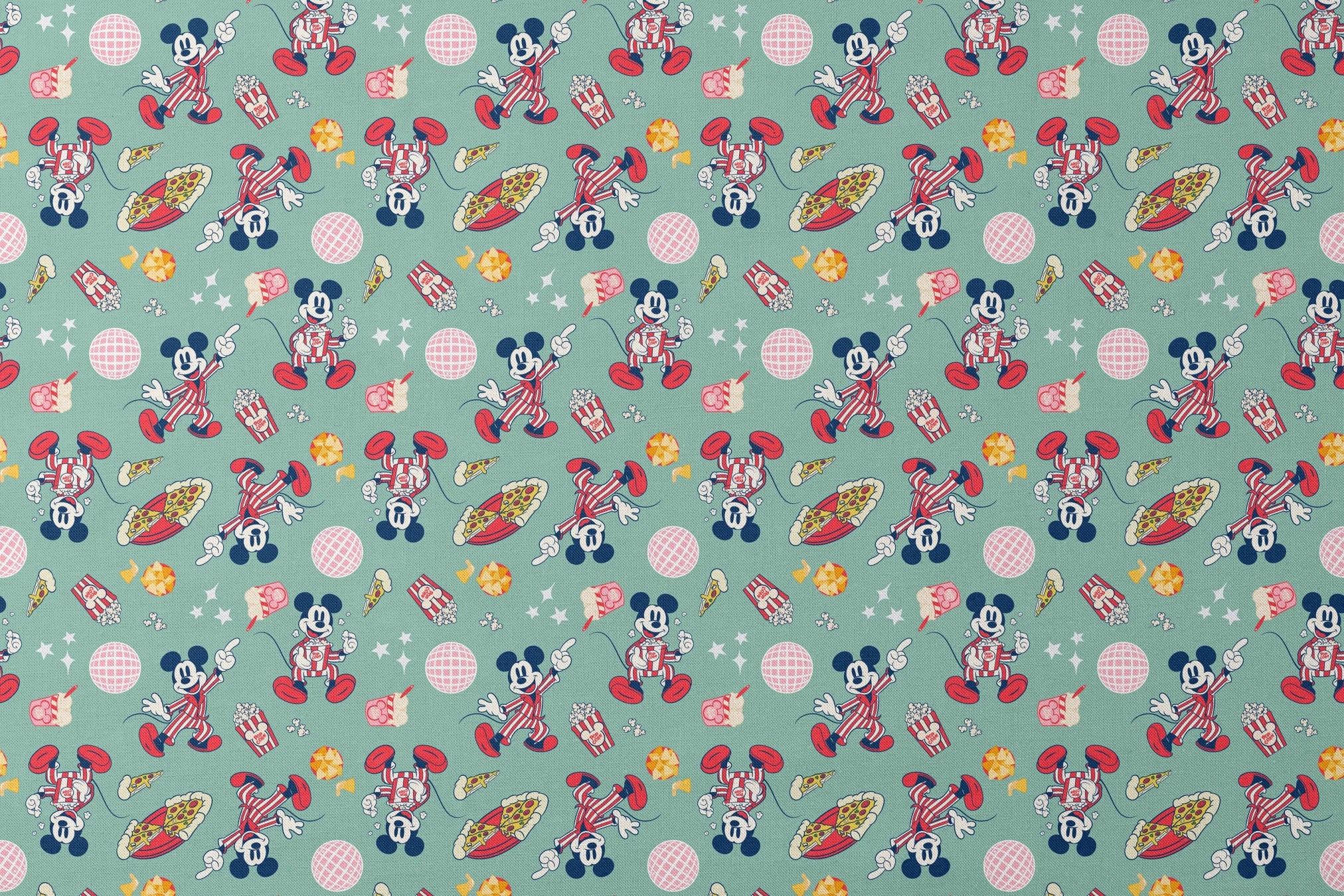 Mickey Mouse in red striped outfits with disco balls, pizza, popcorn, and snacks on mint green background. designs flat mockup