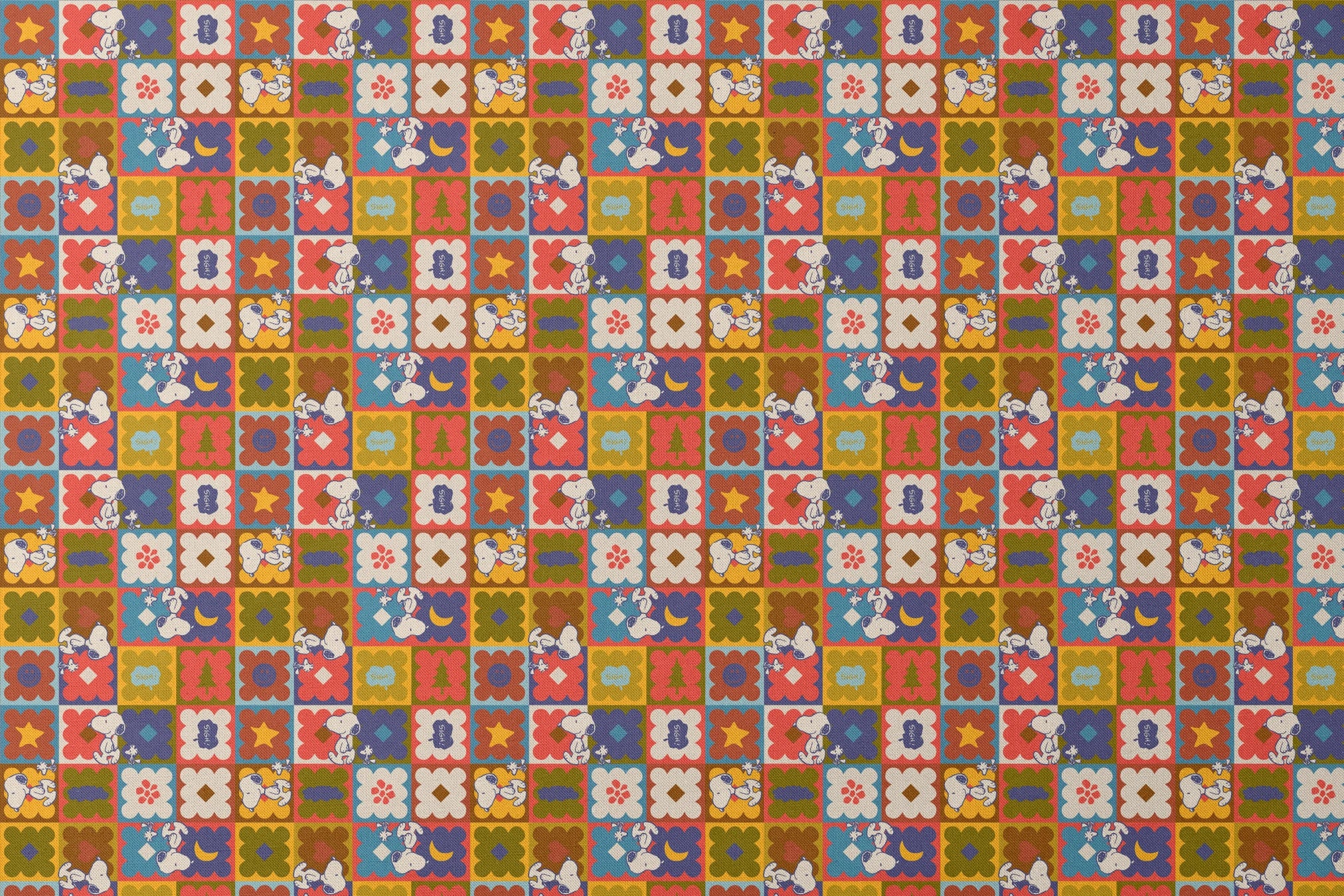 Colorful patchwork pattern featuring Snoopy characters in various squares with flowers, geometric shapes, and decorative elements designs flat mockup