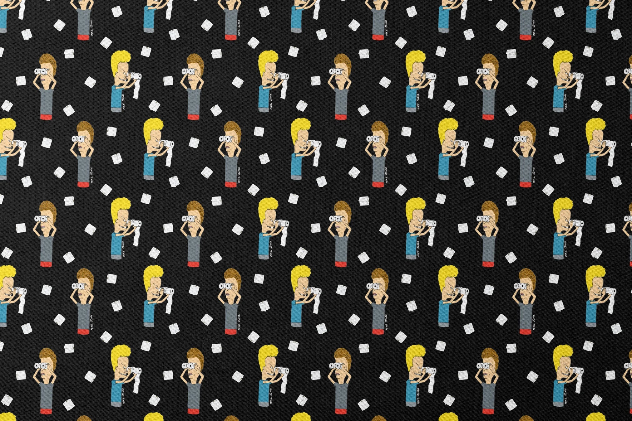 Cartoon characters with exaggerated features on black background with white squares scattered throughout the pattern designs flat mockup