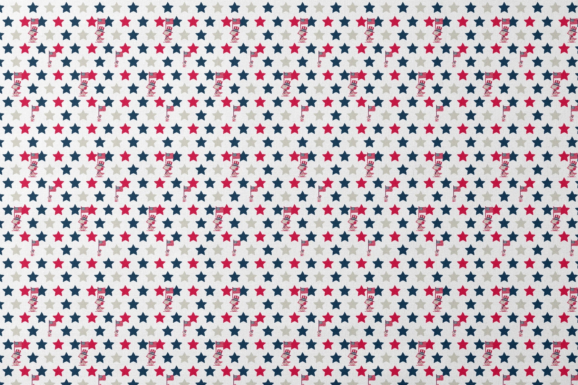 Peanuts Patriotic pattern with red, white, and blue stars alongside American flag poles on white background designs flat mockup