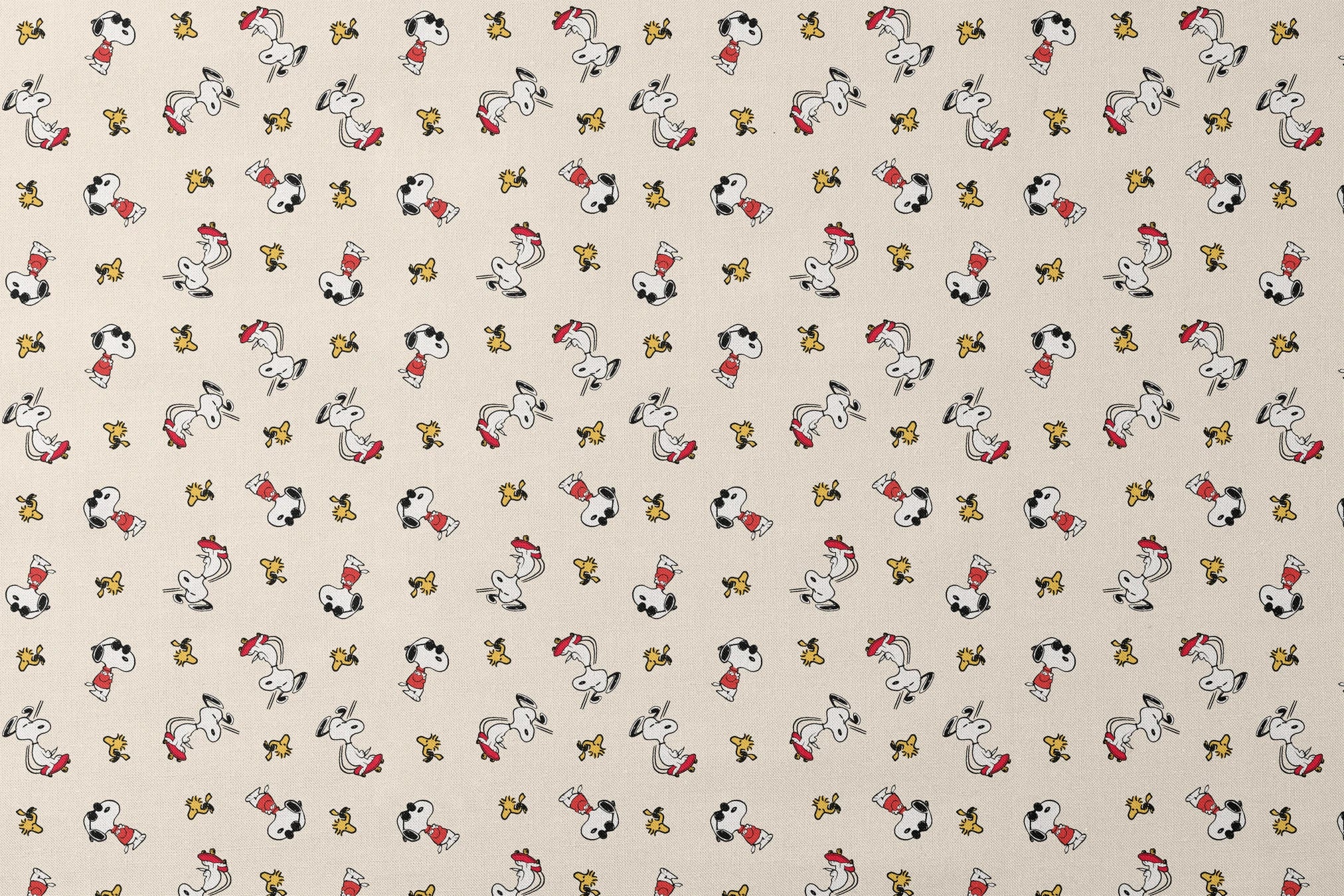Snoopy and Woodstock on cream background, arranged in pattern designs flat mockup