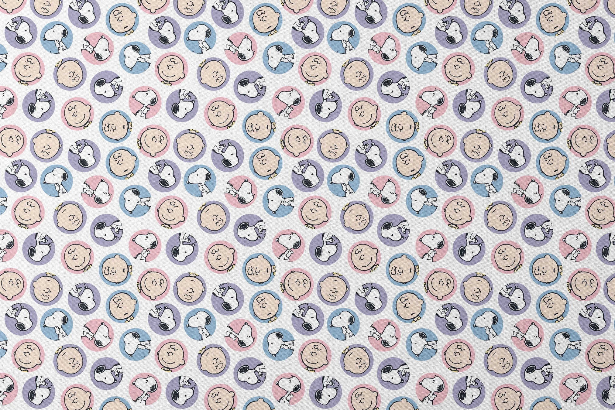 Peanuts cartoon pattern with Charlie Brown and Snoopy circular portraits in pink, blue and purple designs flat mockup