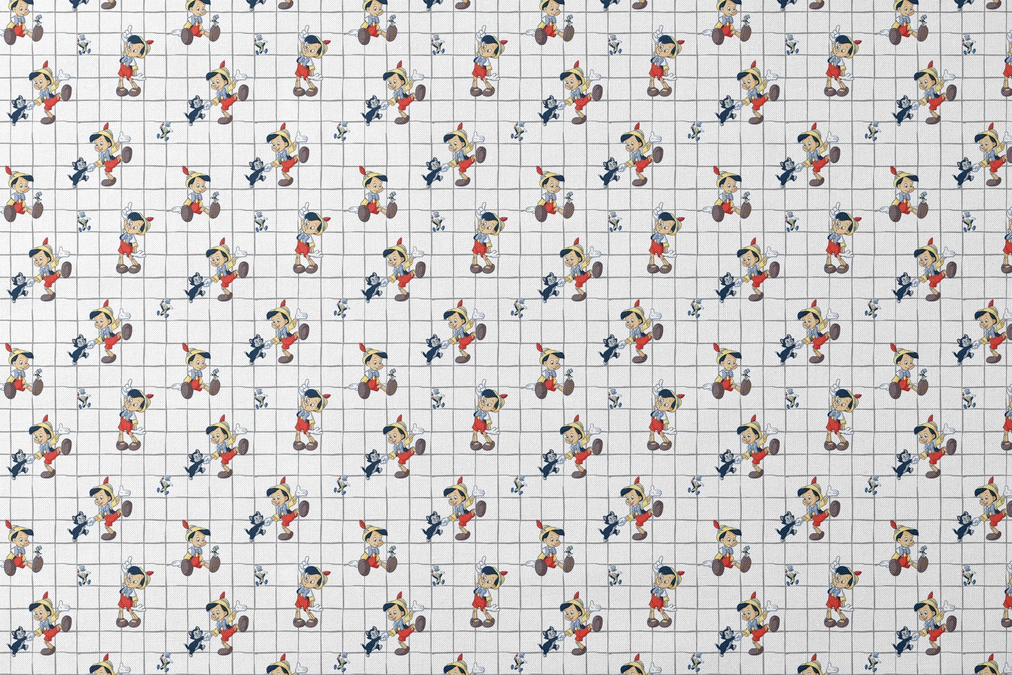 Classic cartoon puppets with red shorts, yellow hats on white grid pattern with small black cat figures designs flat mockup