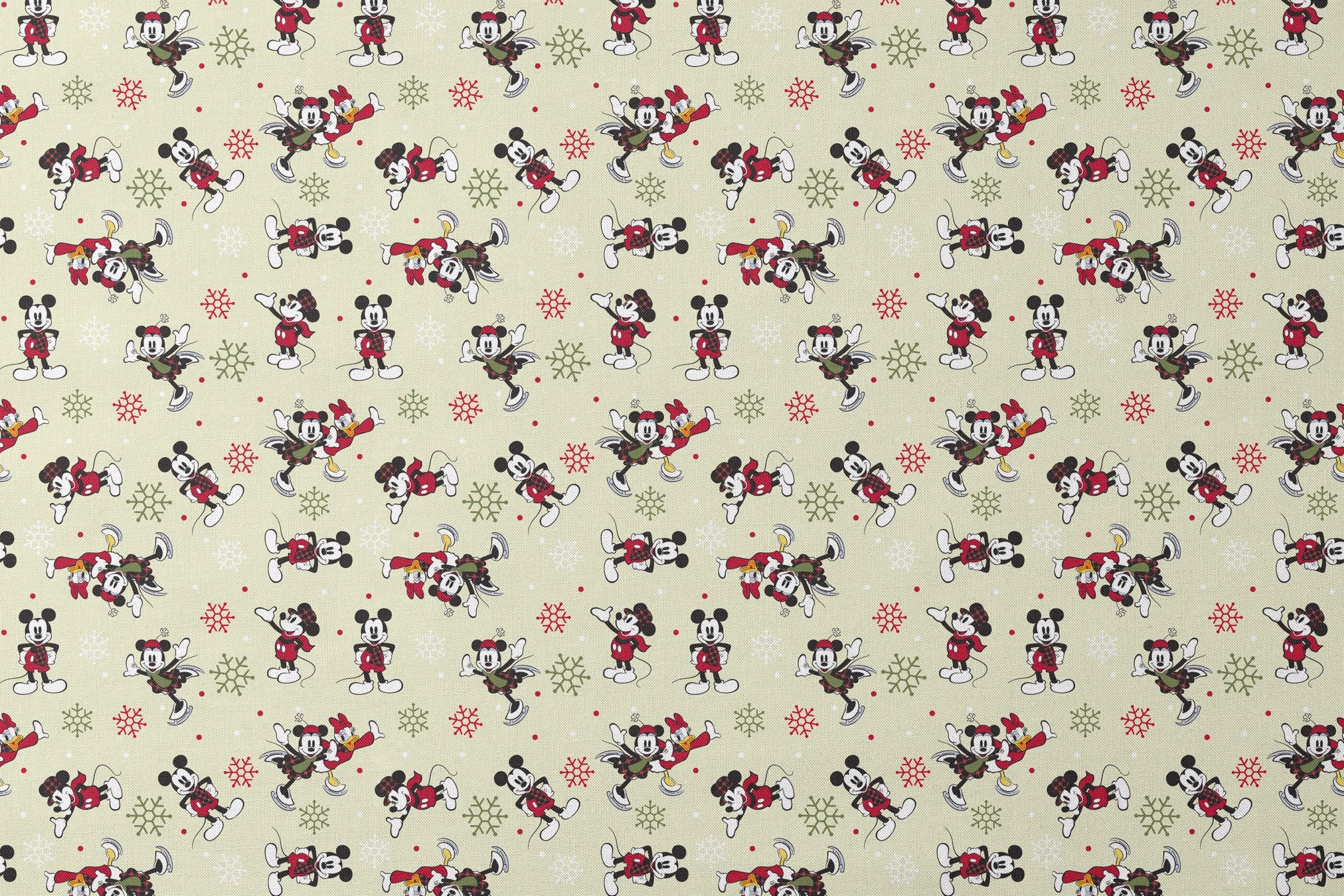 Holiday-themed cartoon mouse pattern with classic characters in red outfits on beige background with snowflakes. designs flat mockup