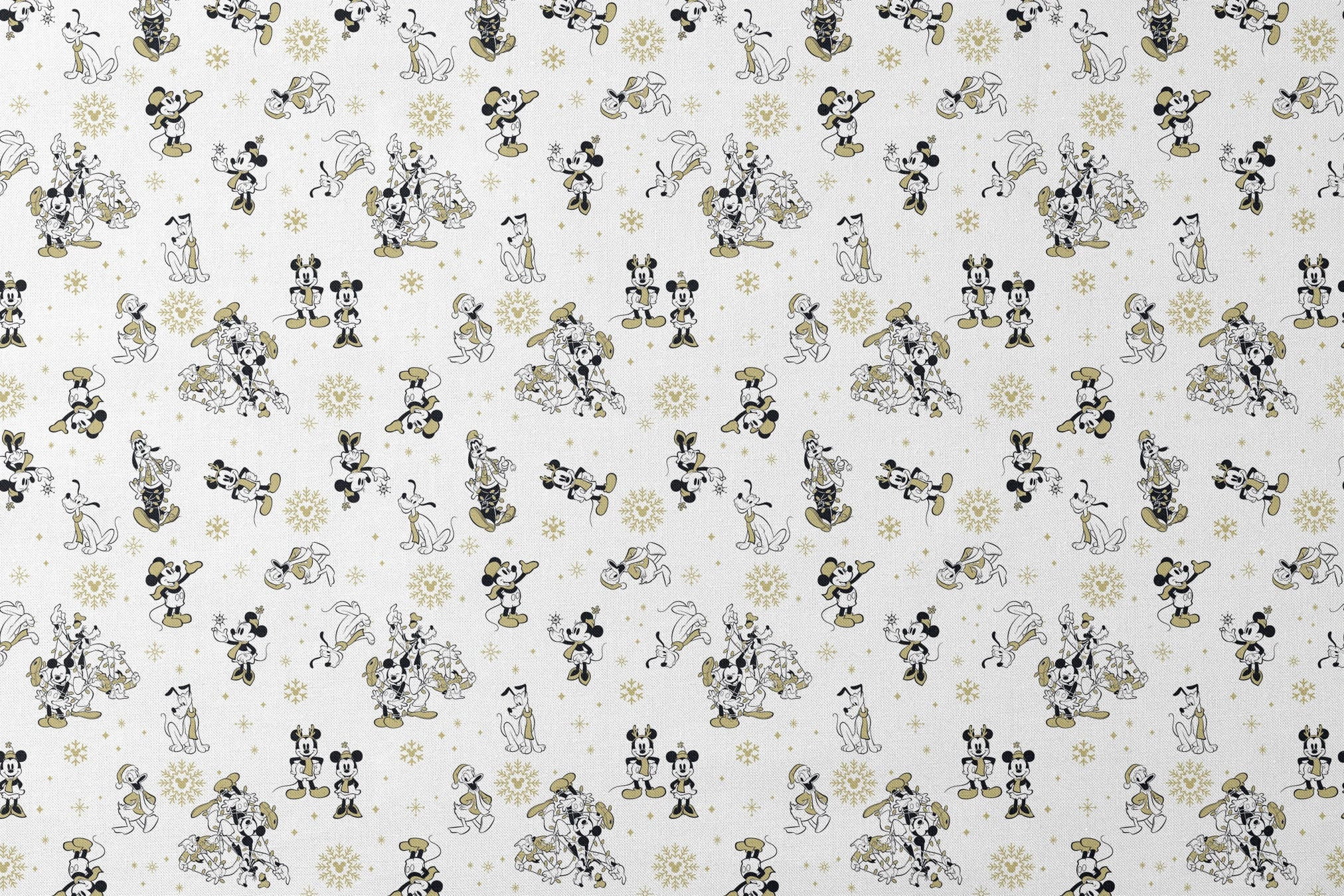 Vintage Disney characters pattern with Mickey, Minnie and Pluto on white background with gold snowflakes designs flat mockup