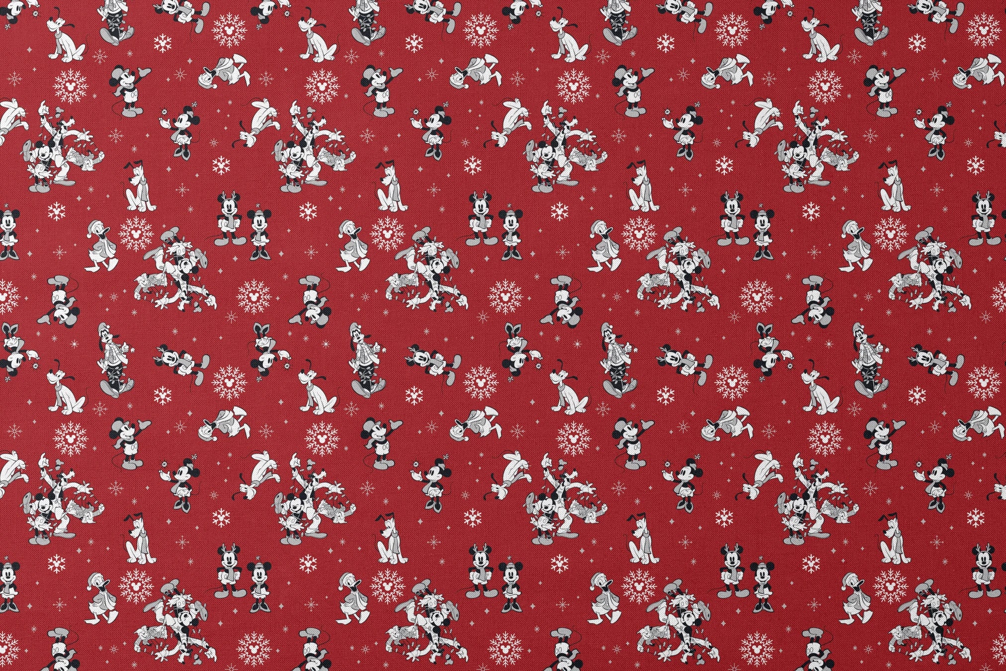 Christmas pattern with Disney characters and snowflakes on red background designs flat mockup