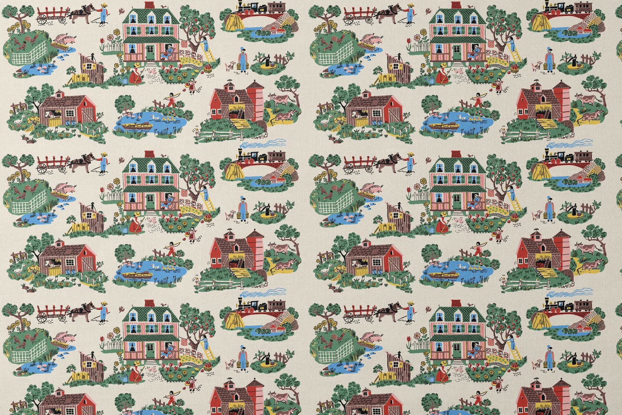 Colorful folk art illustration of country scenes with pink farmhouse, barns, and rural activities designs flat mockup