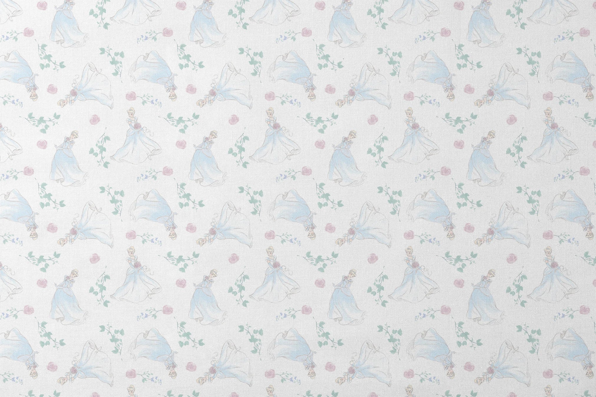 Delicate pattern of flowing blue dresses, pink roses, and mint green foliage on a light background designs flat mockup