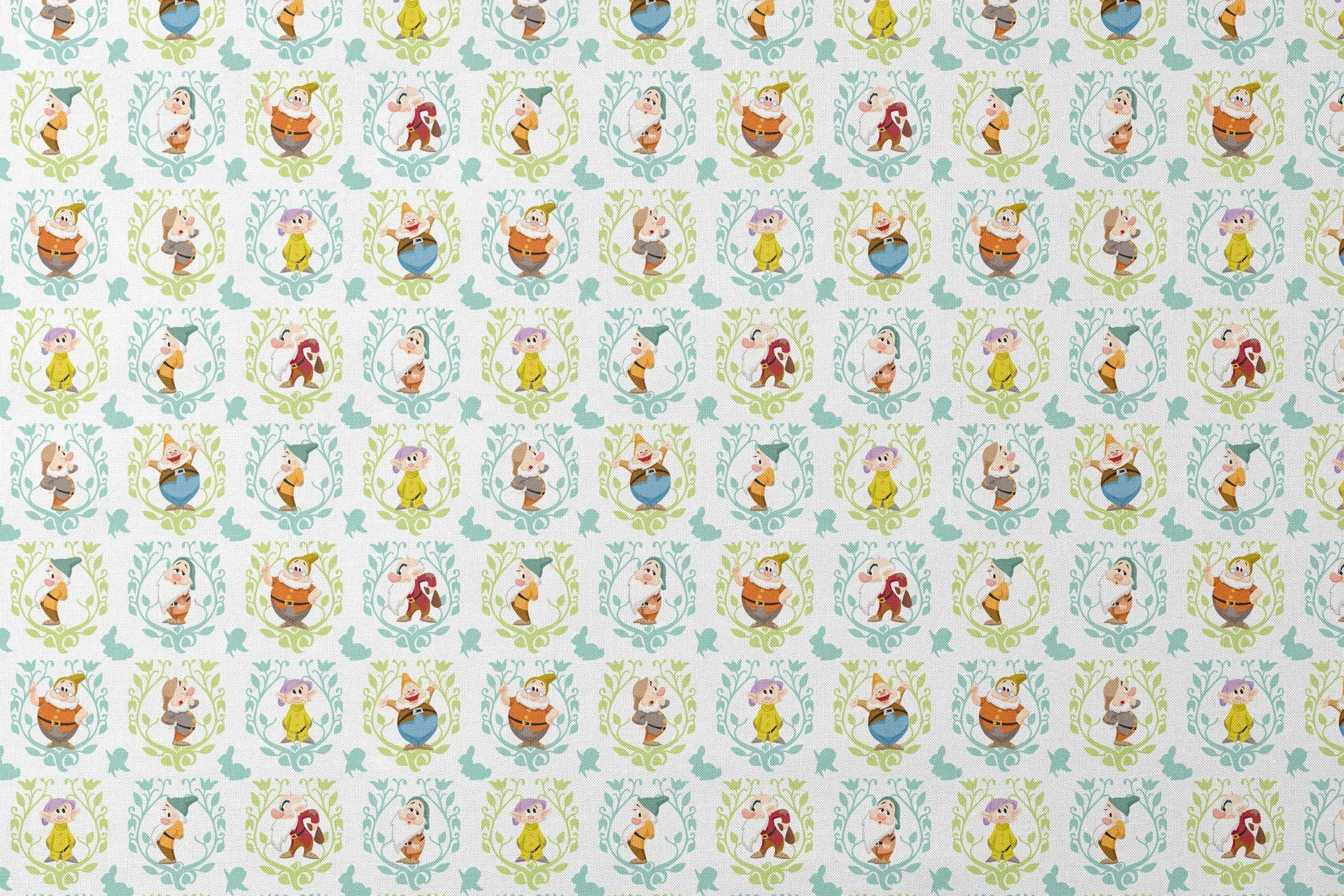 Cartoon pattern of Snow White's seven dwarfs in decorative floral frames on light background designs flat mockup
