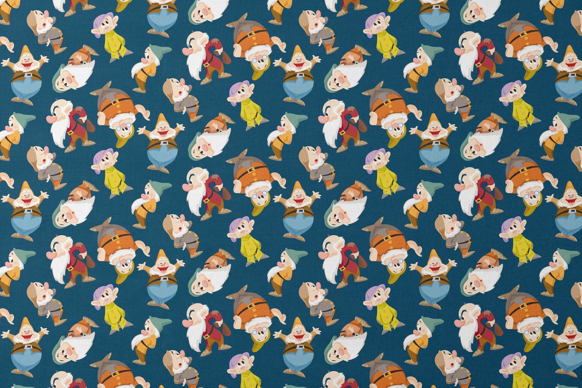 Colorful pattern of cartoon dwarfs in various outfits and poses on a deep blue background designs flat mockup