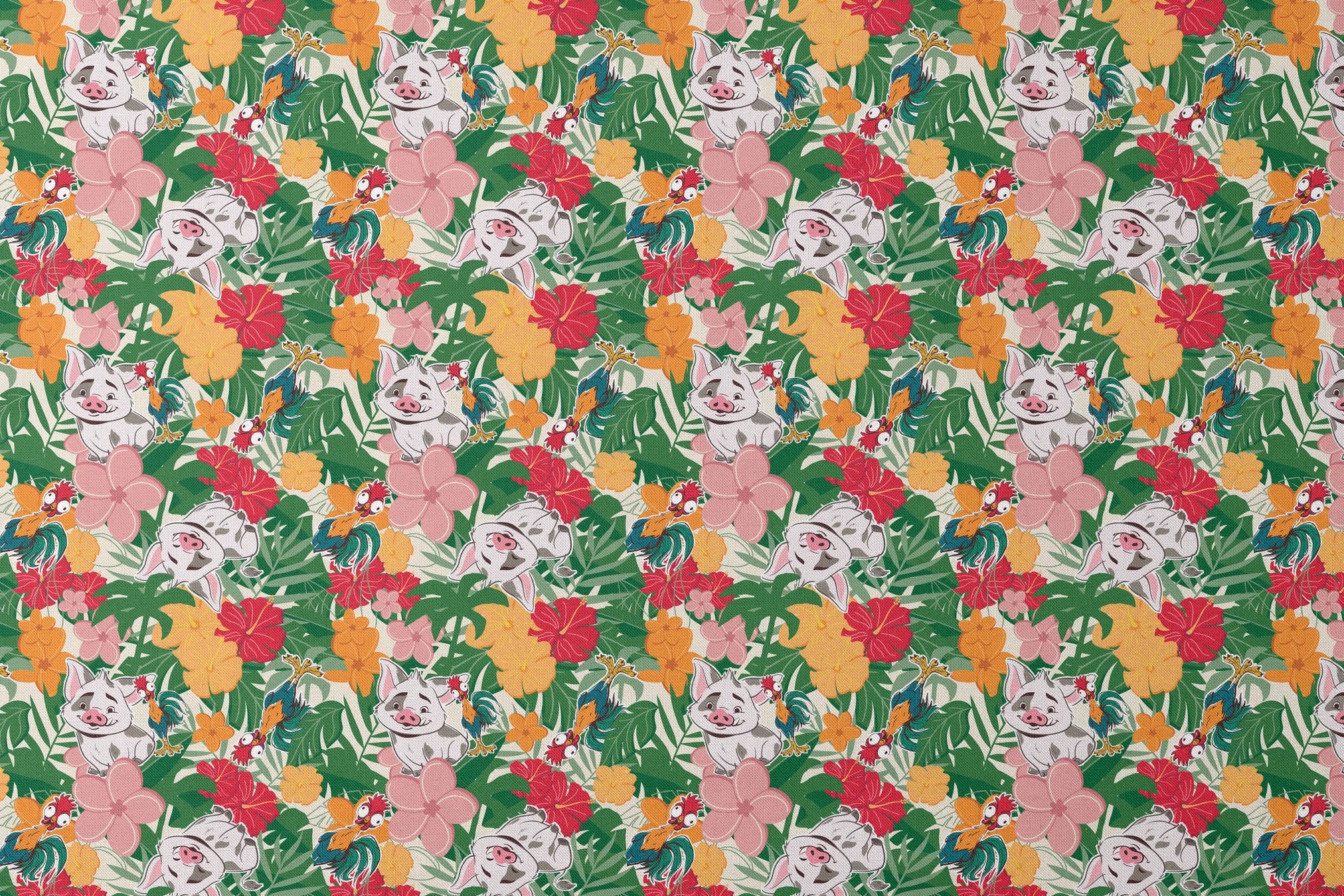 Cartoon pigs peeking through vibrant tropical flowers in red, orange, yellow, and pink among green foliage designs flat mockup