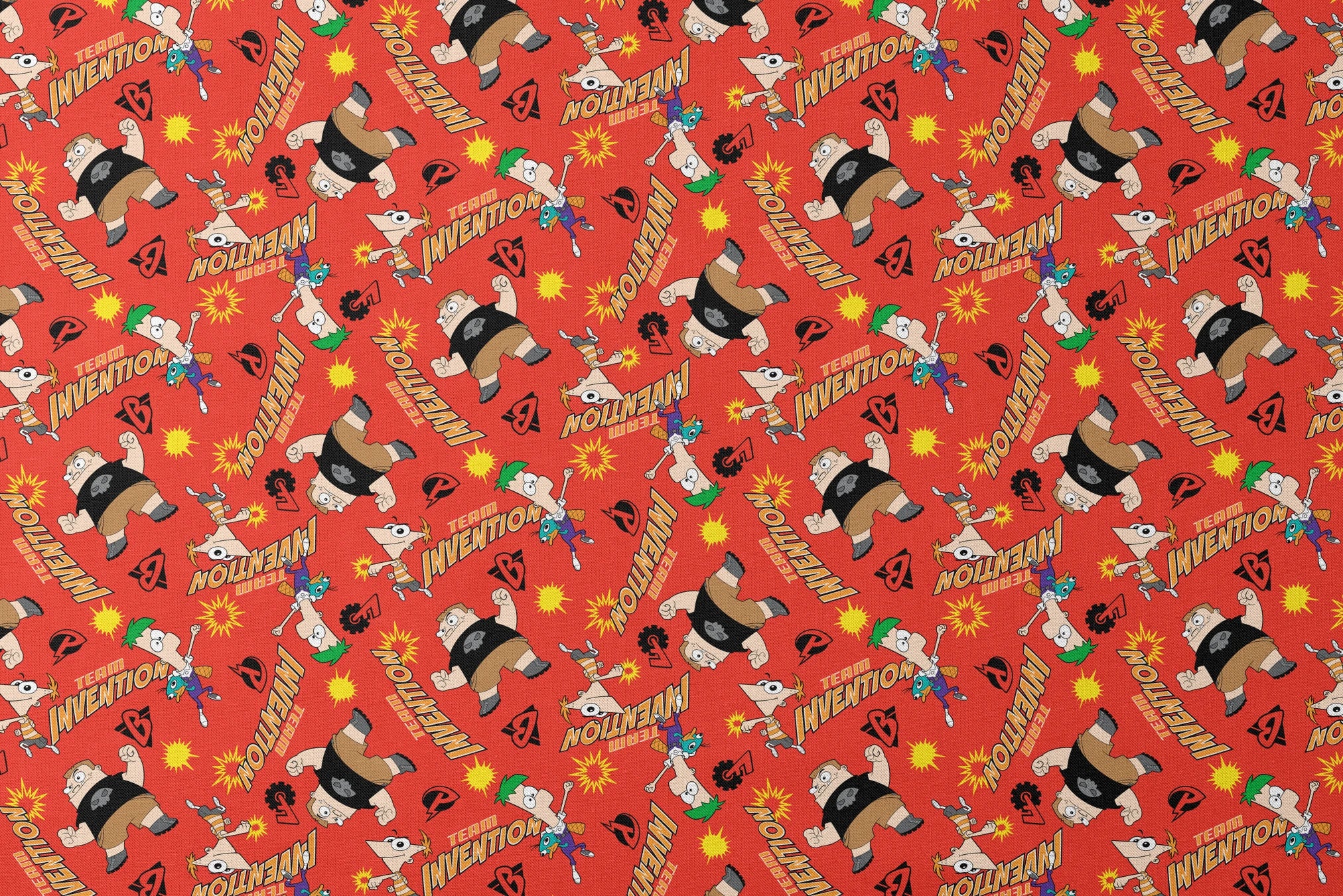 Red background pattern with Phineas and Ferb, text reading "Invention" and "McTheim", yellow starbursts, and comic-style design elements designs flat mockup