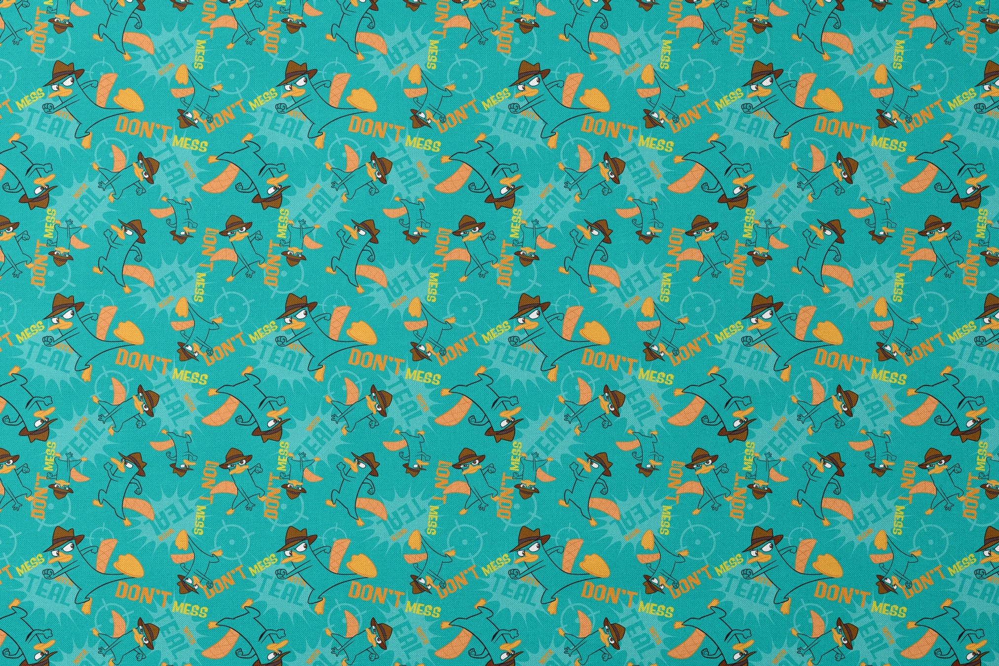 Cartoon pattern of platypus character in fedora hat with orange elements on teal background designs flat mockup