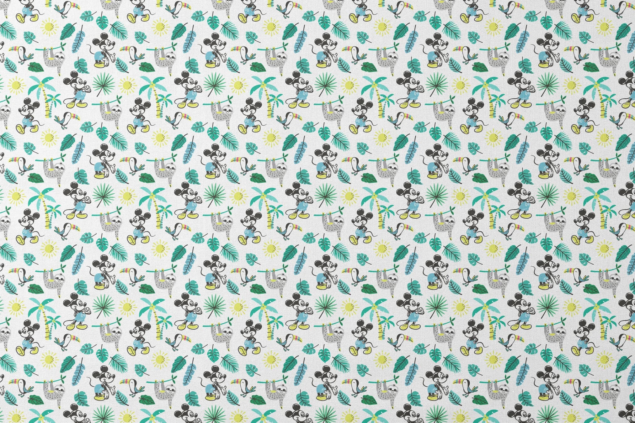Tropical pattern with cartoon characters, sloths, toucans, palm leaves, and suns on white background designs flat mockup