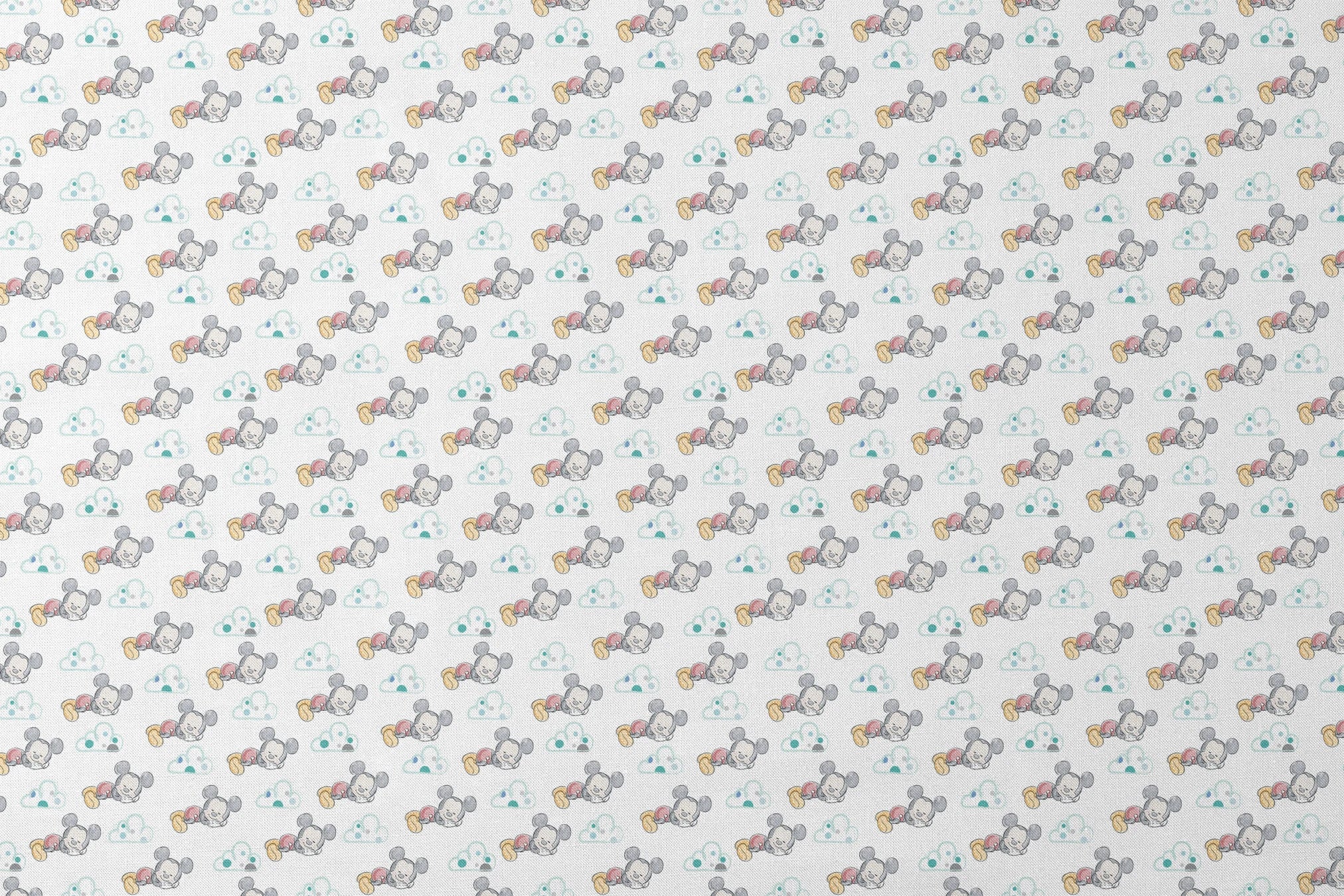 Cute cartoon mouse characters sleeping peacefully on white background with mint green clouds pattern designs flat mockup