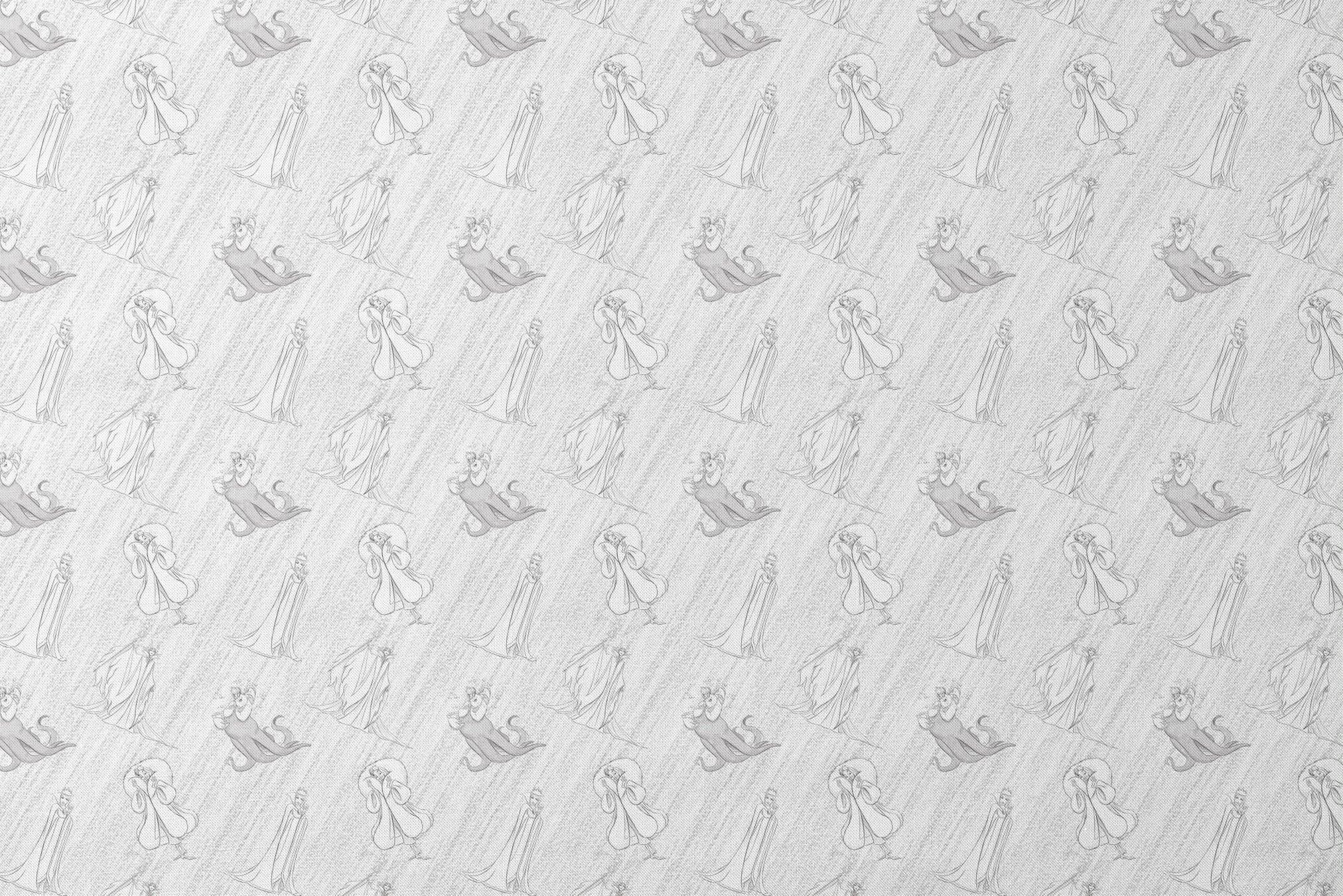 Sketched Disney villains scattered across a textured diagonal background in grayscale designs flat mockup