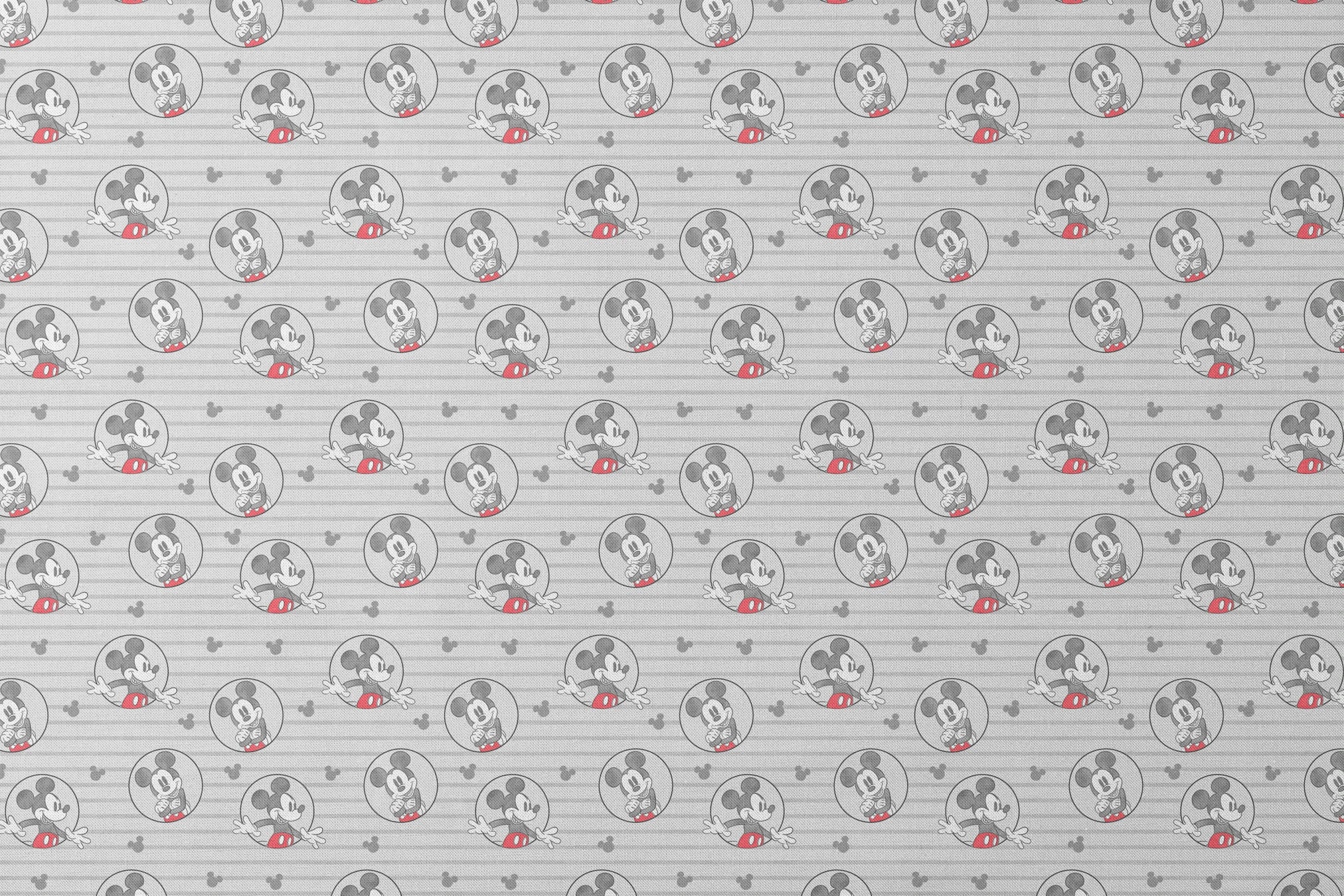 Mickey Mouse pattern on gray striped background with circular character portraits in red, black, and white designs flat mockup
