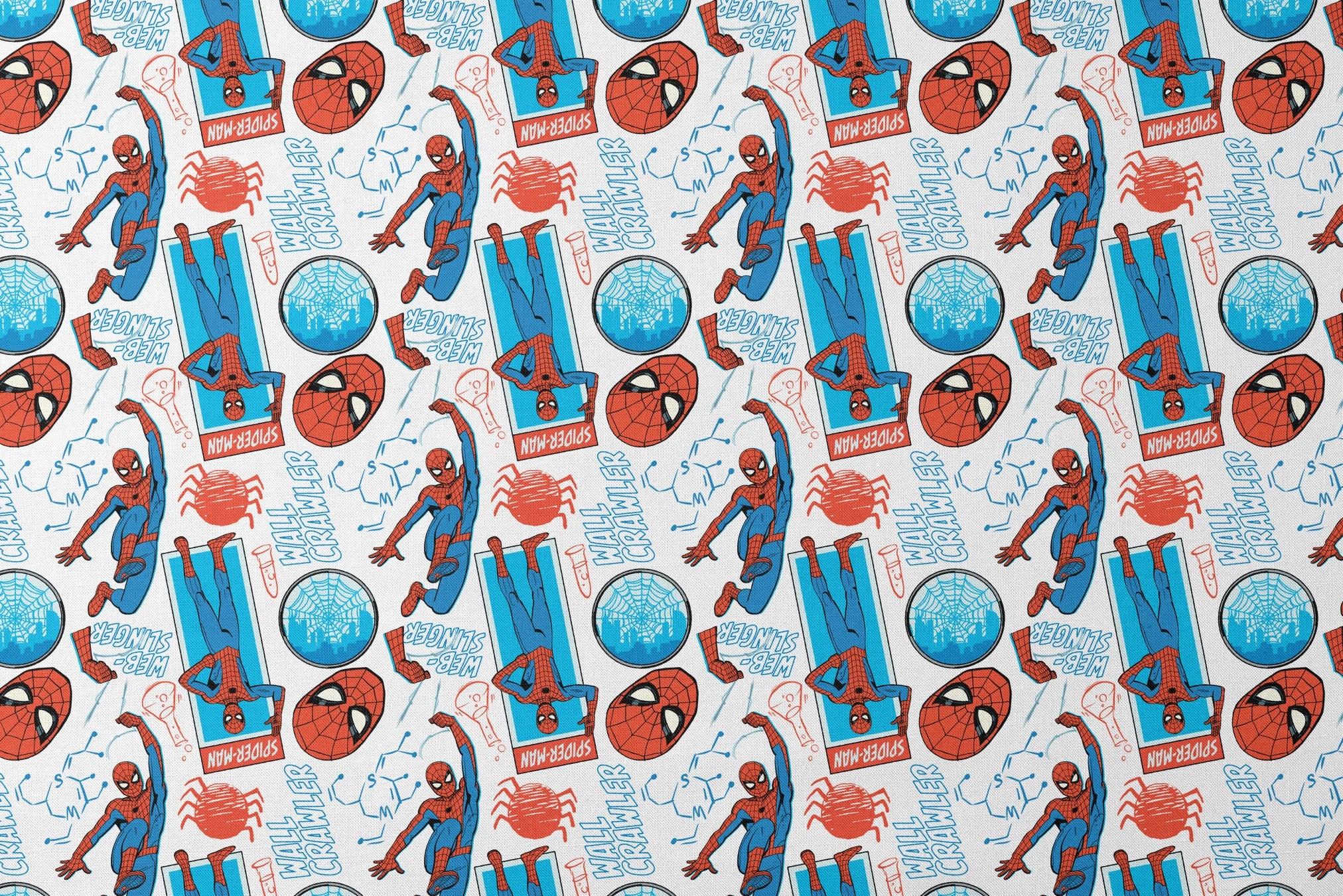 Comic-style Spider-Man pattern with red and blue figures in various poses, spider symbols, and text on white background designs flat mockup