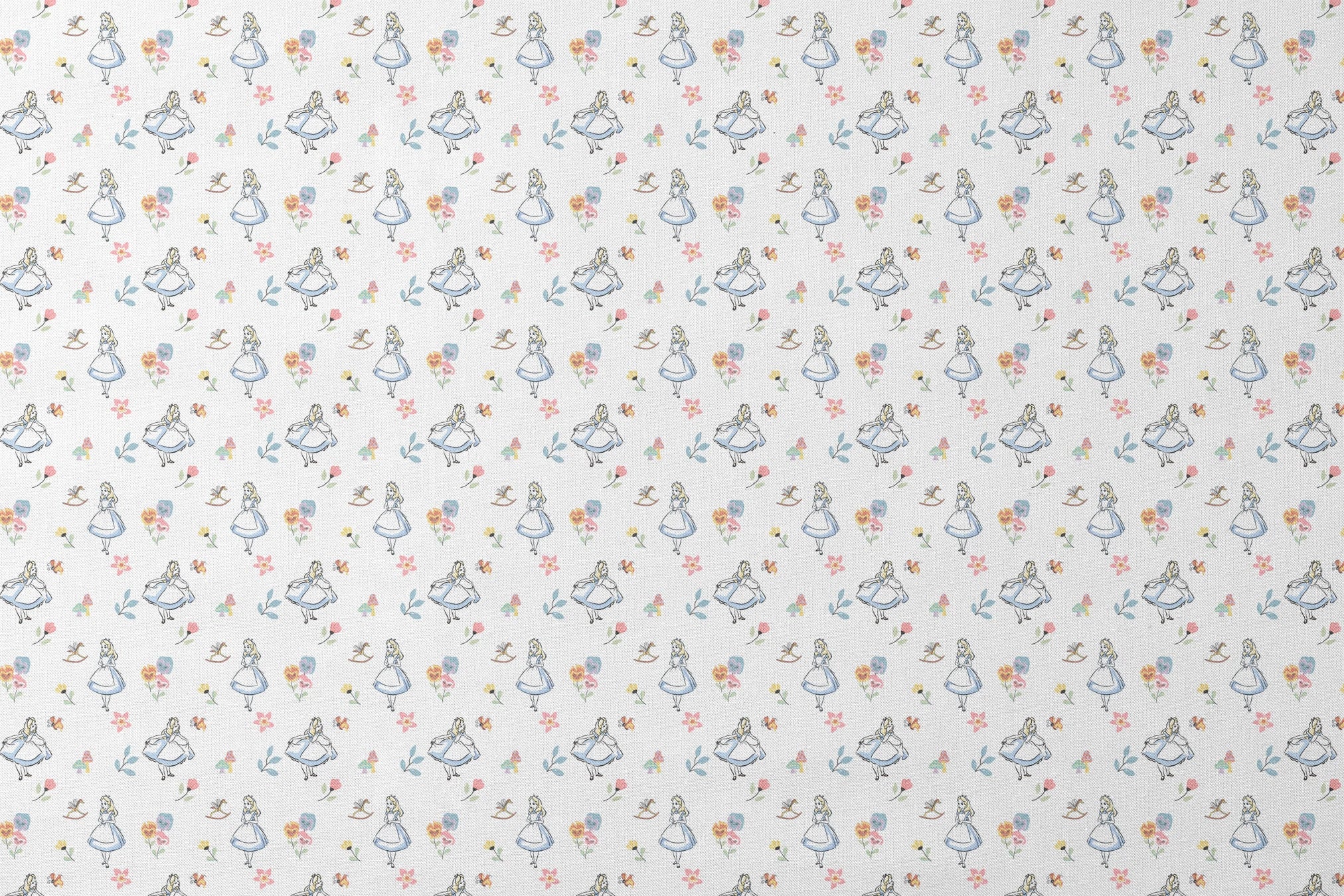 Whimsical pattern featuring character in blue dress with flowers, mushrooms, and rocking horse designs flat mockup