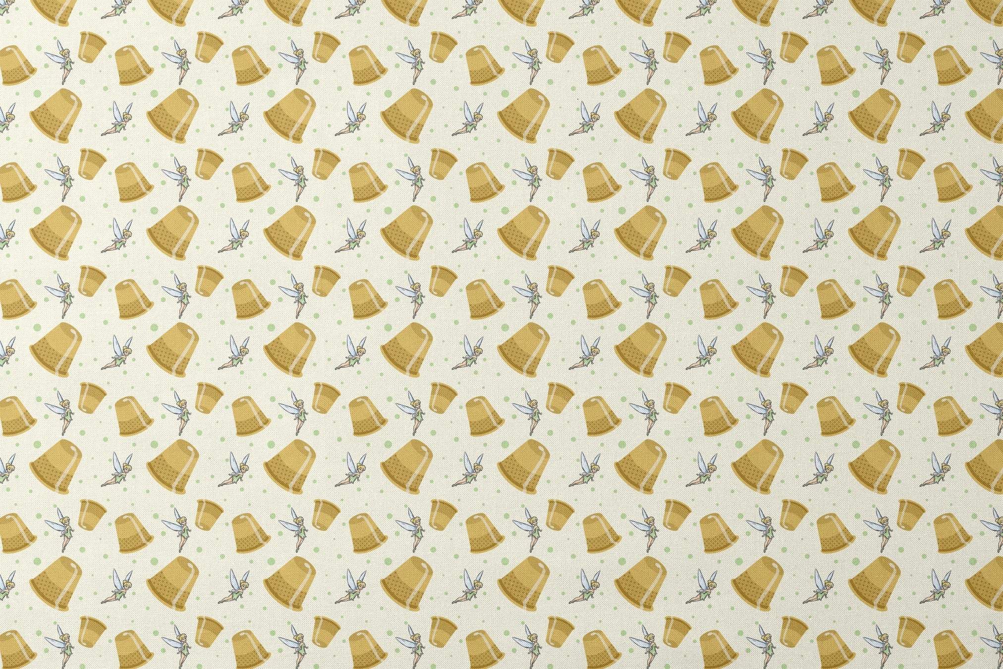 A pattern featuring Tinkerbell fairy with golden thimbles on a pale background with green dots. designs flat mockup
